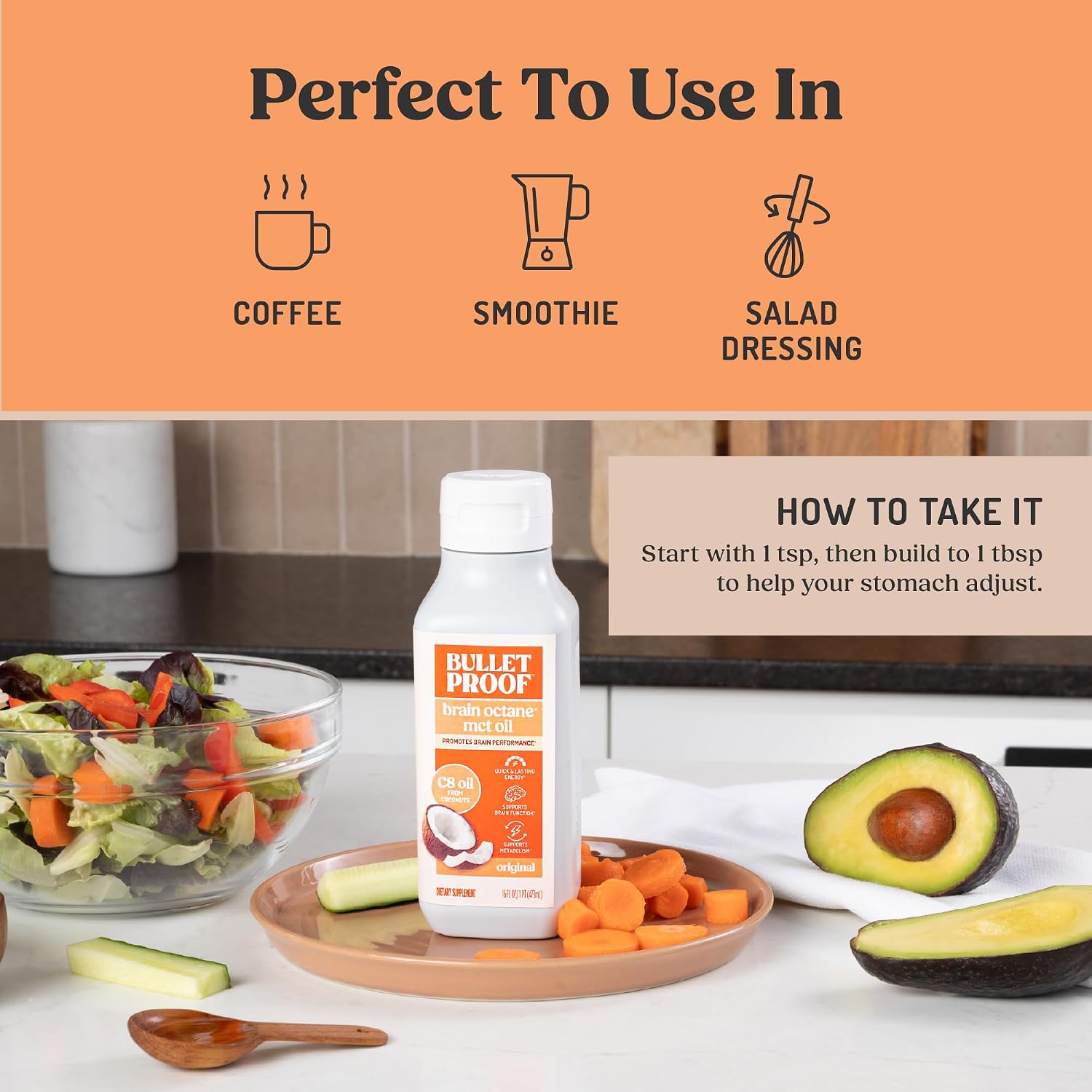 Bulletproof Brain Octane C8 MCT Oil, Non-GMO, 16 oz – 100% C8 from Coconut | 100% Pure Coconut Oil, Triple-Distilled Keto Energy Supplement for Coffee & Smoothies, Unflavored, No Additives, Non-GMO