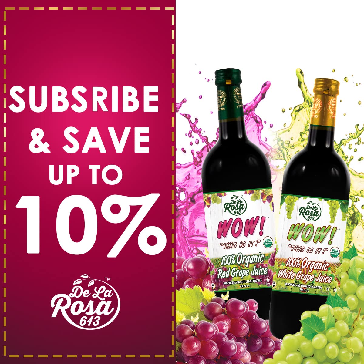 De La Rosa Organic Austrian Kosher Red Grape Juice (25.4 oz - 2pack)