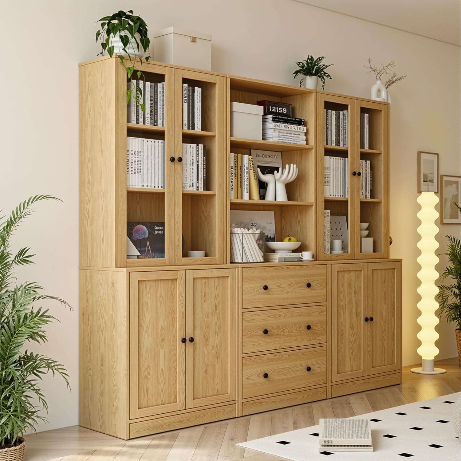 TUSY 71" H Bookcase with Storage | 6-Tier Modern Bookshelf with Drawers, Display Bookcase with Glass Doors, White Curio Cabinet for Home Office, Living Room