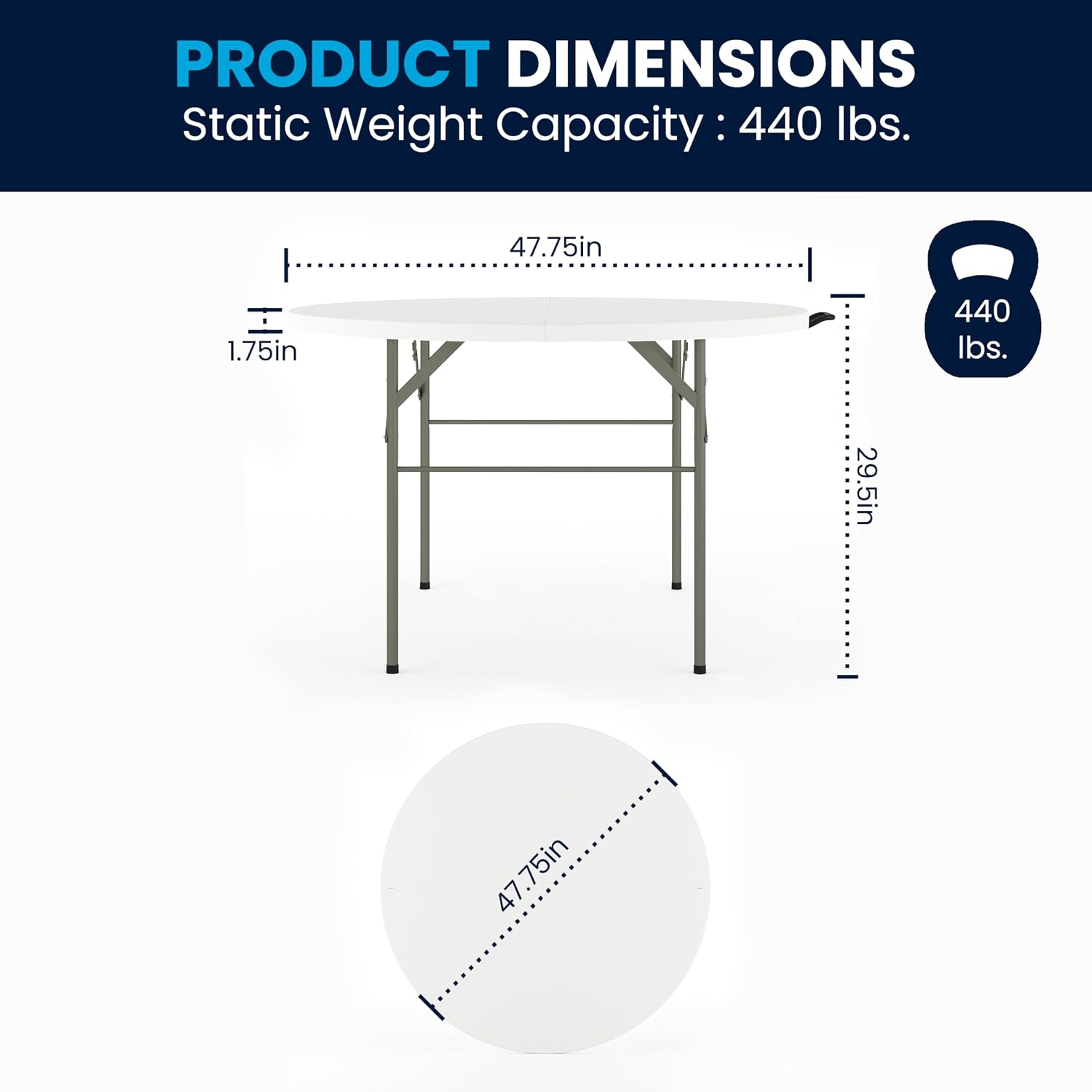 Flash Furniture 5-Foot Round Bi-Fold White Plastic Folding Table | Lightweight, Easy Storage, Commercial Grade, Carrying Handle