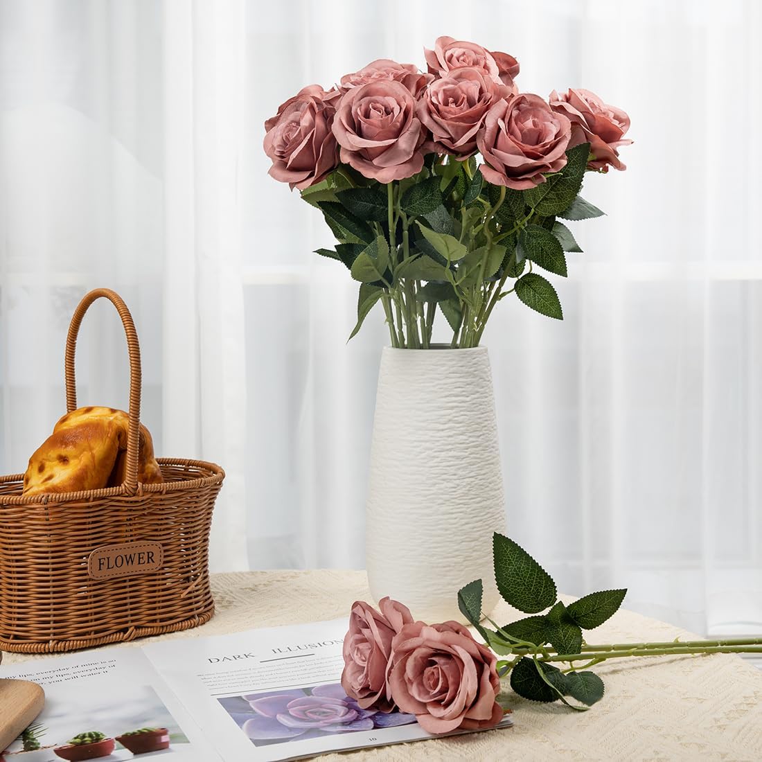 12 PCS Artificial Flowers Roses Silk Flowers Fake Long Stem Artificial Roses for Home Wedding Decorations (Yellow)
