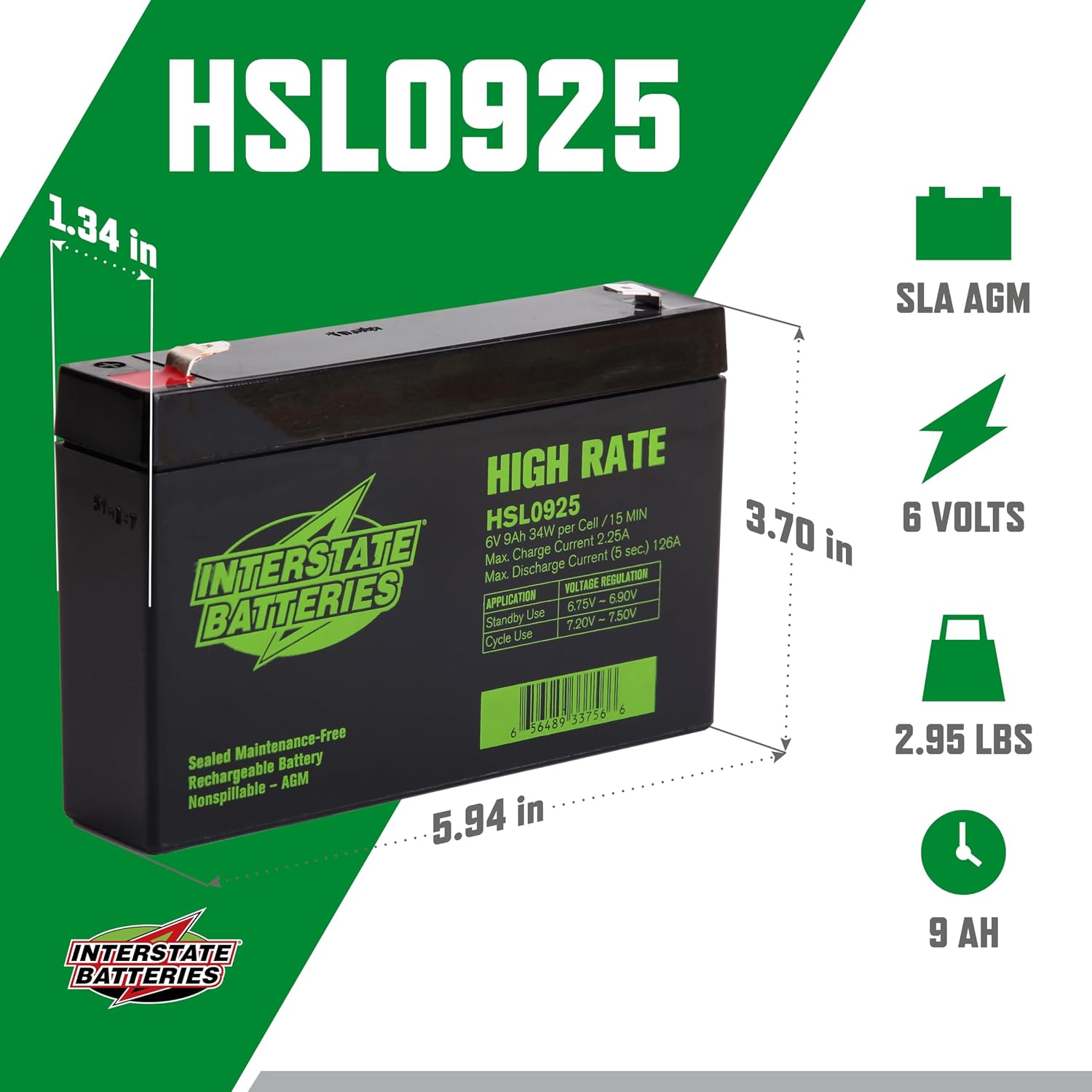 Interstate Batteries High Rate Battery 6V 9Ah SLA AGM VRLA HSL0925