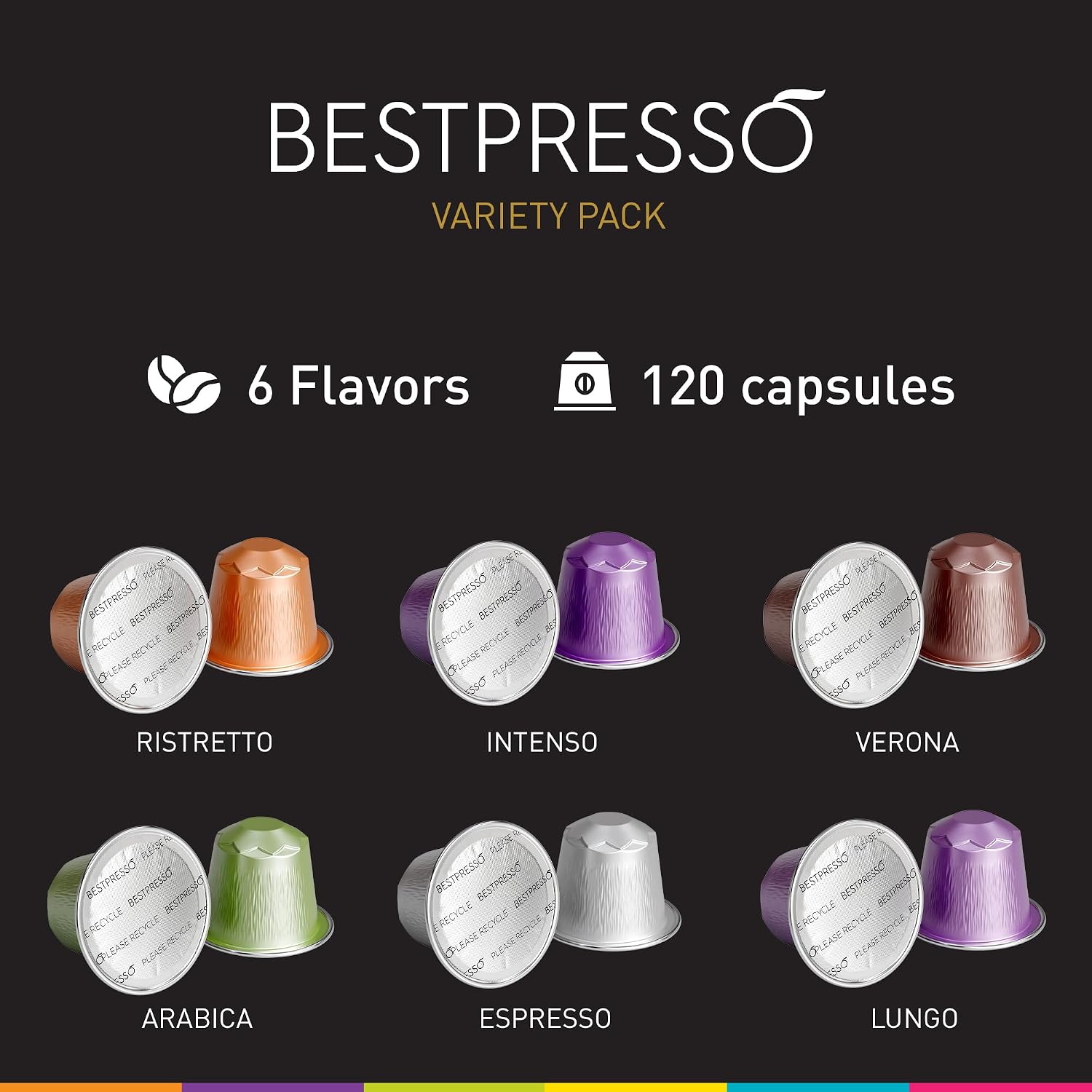 Bestpresso Coffee For Nespresso Original Machine 120 Aluminum Pods Certified Genuine Espresso Variety Pack Pods Compatible with Nespresso Original (Intense Variety Pack)