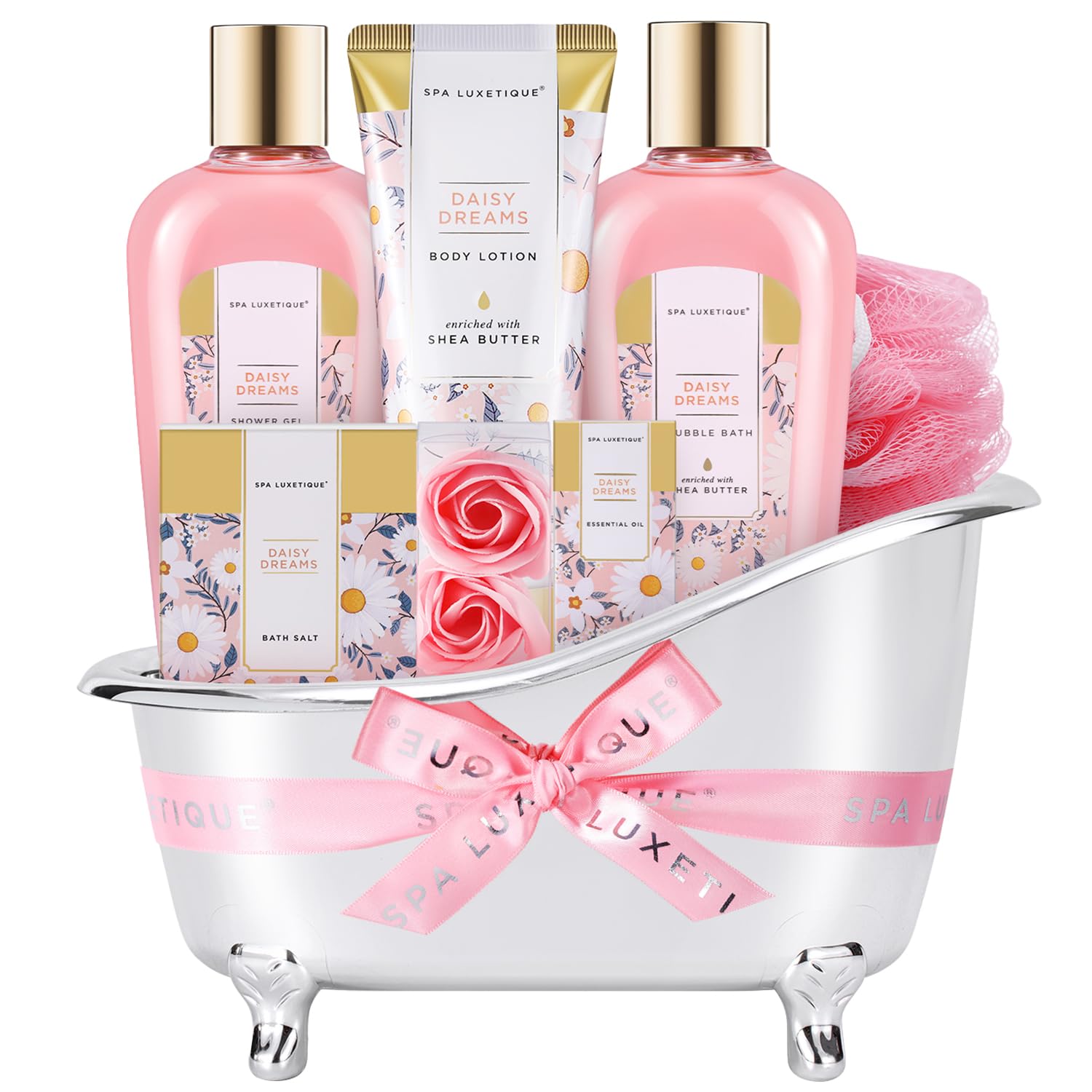 Self Care Gifts for Women, Spa Luxetique 8pcs Daisy Bath and Body Gift Baskets for Her, Bath Set with Bubble Bath, Lotion, Christmas Gifts for Mom