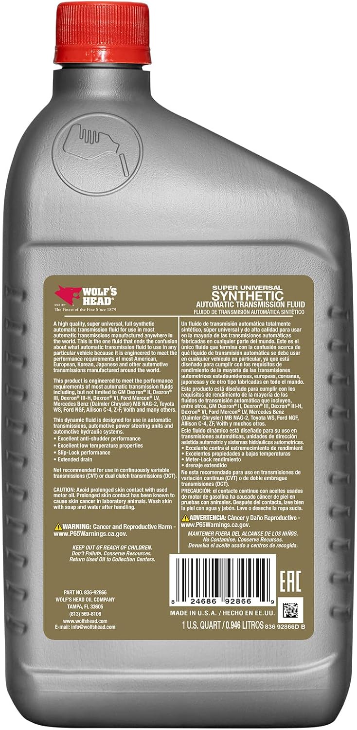 Wolf's Head Super Universal Synthetic Automatic Transmission Fluid (836-92866-56) 1 Quart Bottle, Pack of 12 | Made in USA