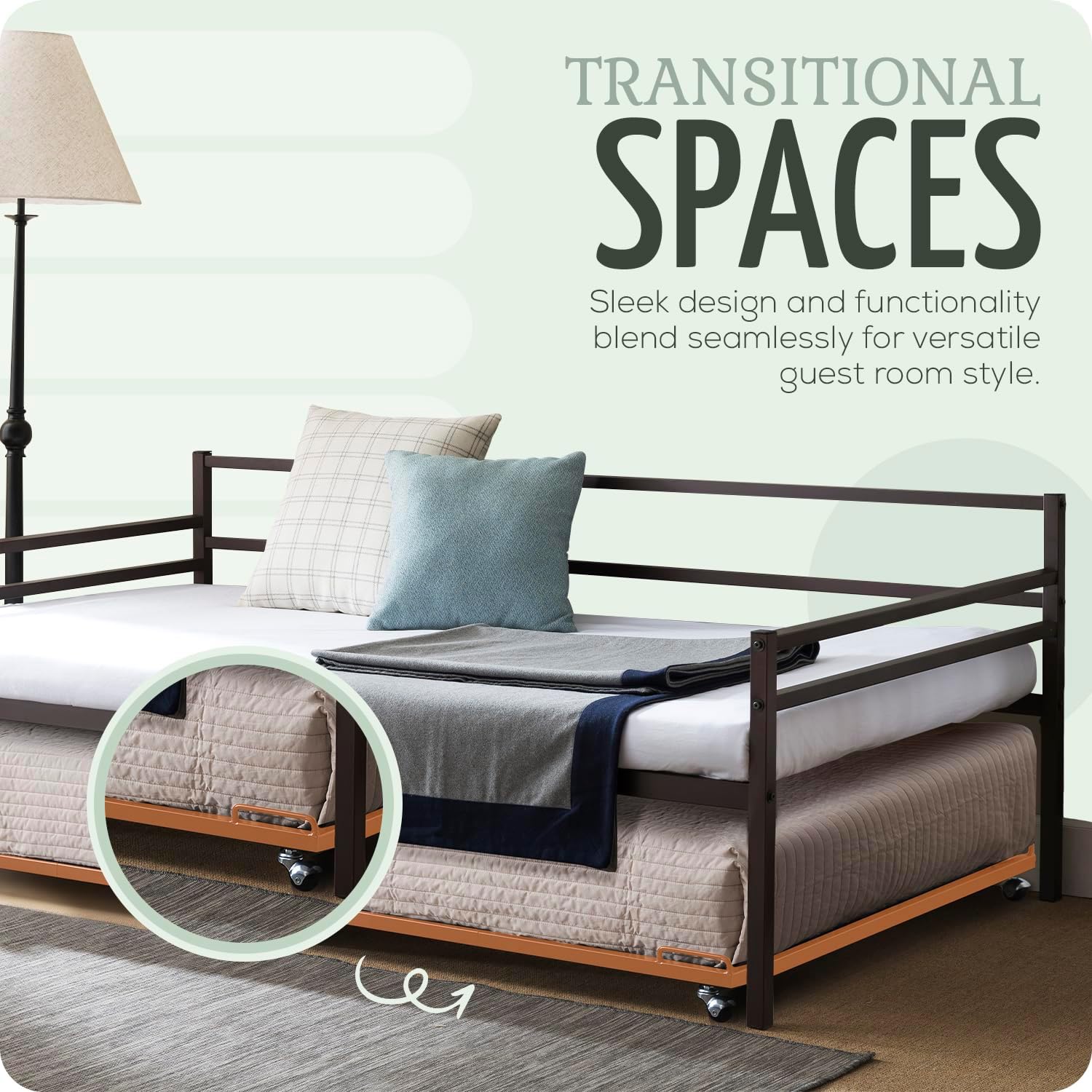 2K Furniture Designs - Twin Size Black Metal Roll Out Trundle Bed Frame for Daybed | Space-Saving Guest Bed - Slides Under Daybeds for Overnight Visitors, Dorms, and Small Spaces
