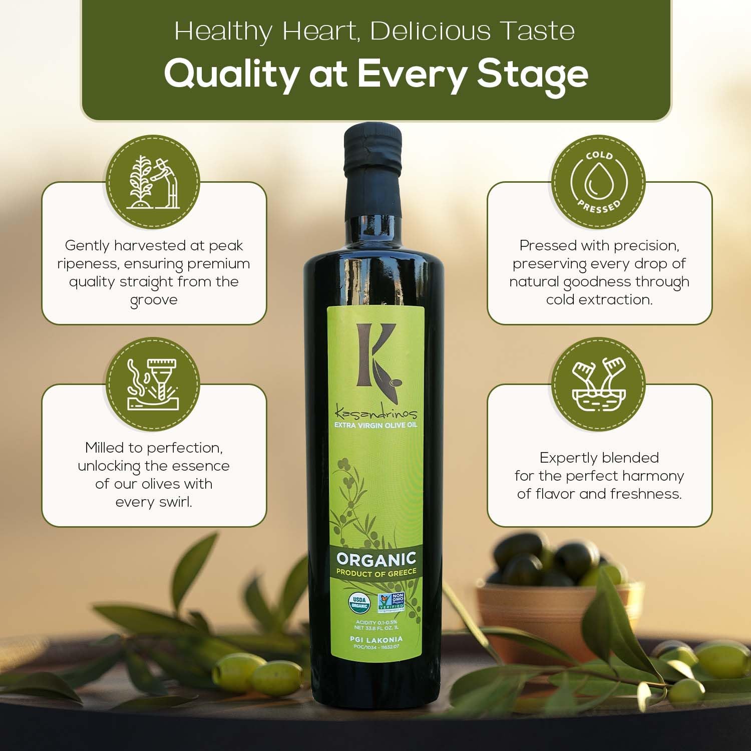 Kasandrinos Organic Olive Oil Extra Virgin, Polyphenol Rich Greek Olive Oil, 100% Organic First Cold Pressed, Mild + Delicate Flavor, Verified by Non GMO, 500 ml / 16.9 oz