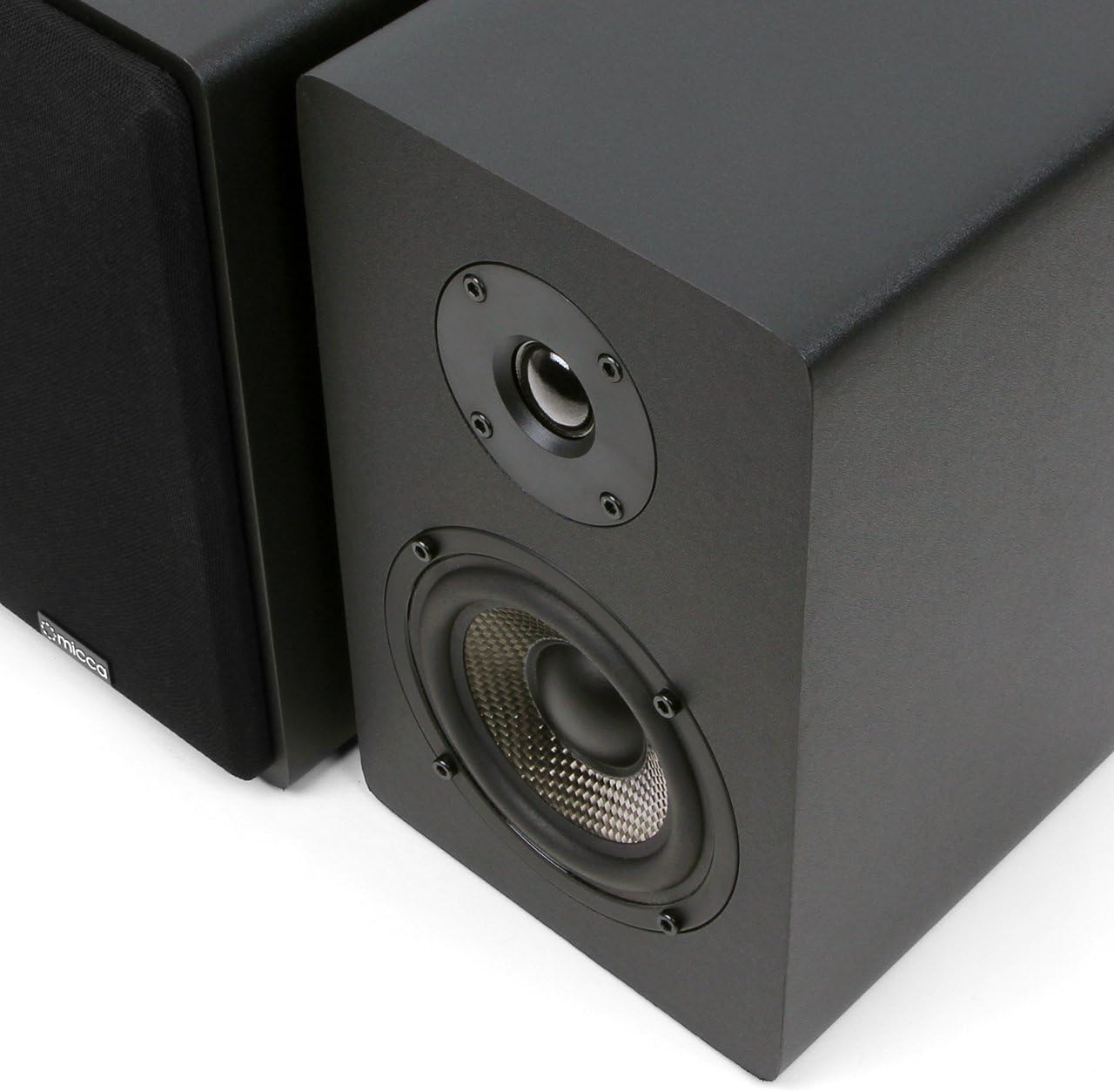 Micca MB42X Advanced 2-Way Passive Bookshelf Speakers, Stereo Pair, Black | Amplifier Required, 4-Inch Carbon-Fiber Woofer, 0.75-Inch Silk-Dome Tweeter, Desktop, Home Theater, Surround Sound