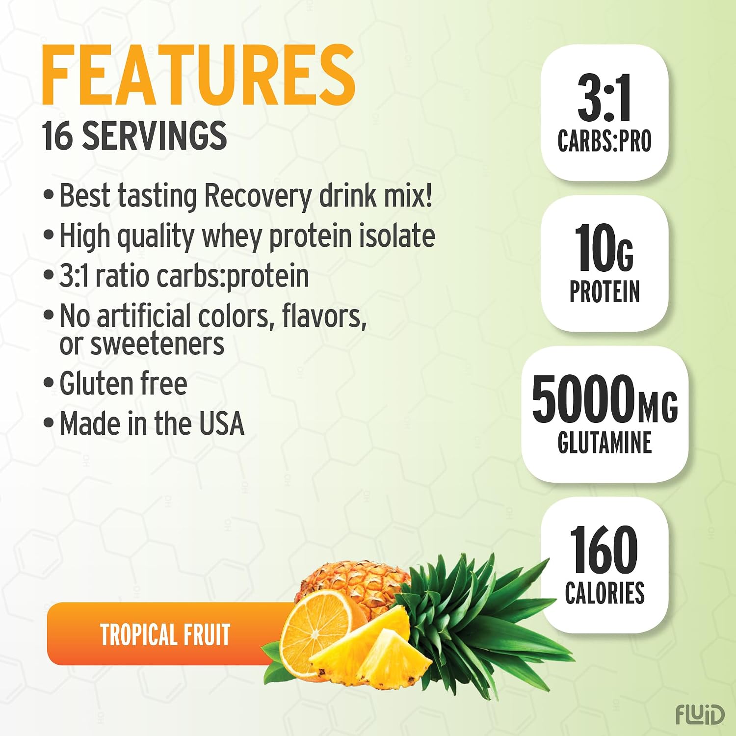 Fluid Recovery, Post-Workout Drink Mix, Whey Isolate Protein, L-Glutamine, Carbs, All Natural Ingredients, Gluten-Free, Lactose-Free (Tropical Fruit)
