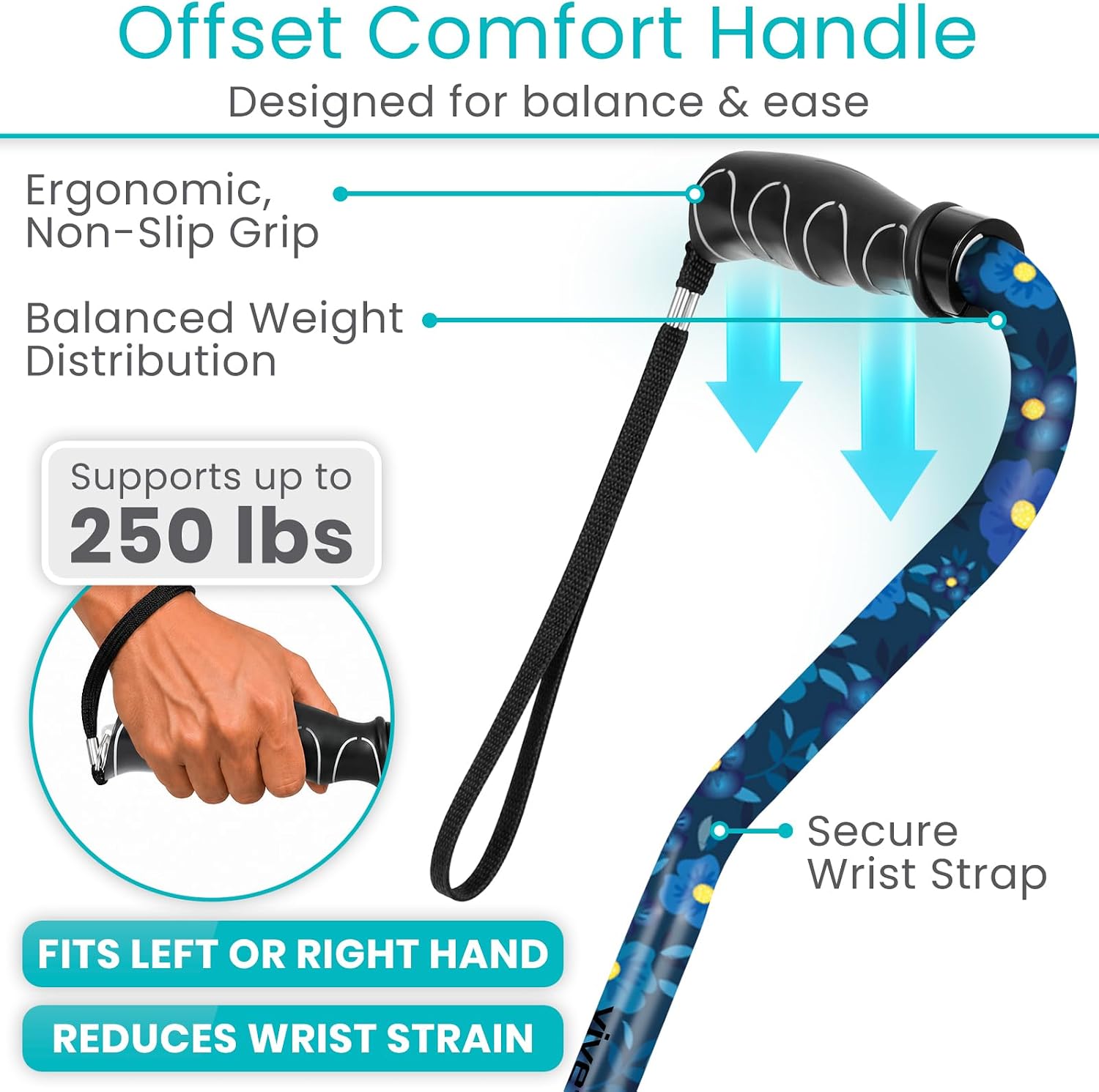 Vive Walking Cane for Women, Men, Elderly - Patented Offset Grip - Lightweight Adjustable Walking Aid with a Non-Slip Tip - Sturdy Balancing Mobility Aid for Seniors