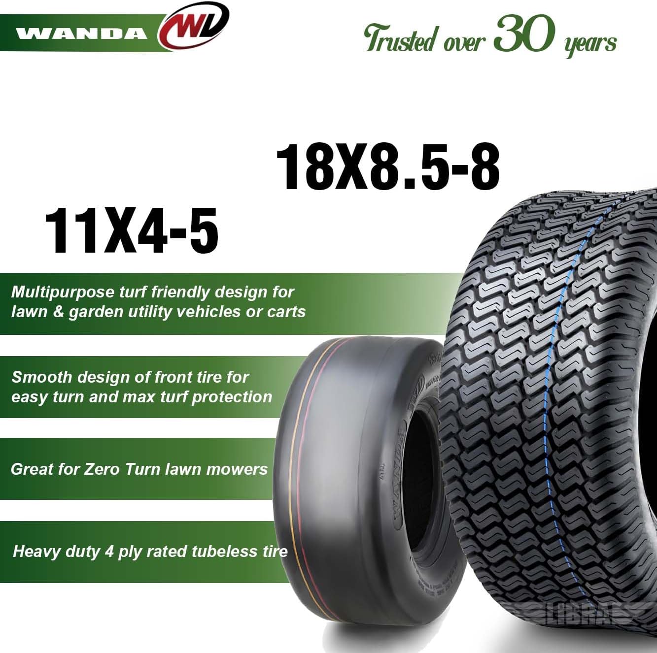 WANDA Set 4 Lawn Mower Turf Tires 16x6.5-8 & 23x10.5-12 /4PR -13019/13049 | Riding Lawn Mover, Garden Tractor