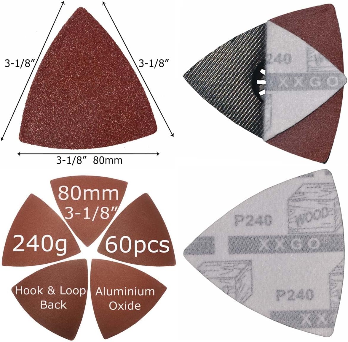 XXGO 55 Pcs 80mm 3-1/8 Inch Triangular Oscillating Multi Tool Sanding Pads | Assorted Grit , Hook & Loop Design , Strong Velcro , Best for Metal Wood Sanding