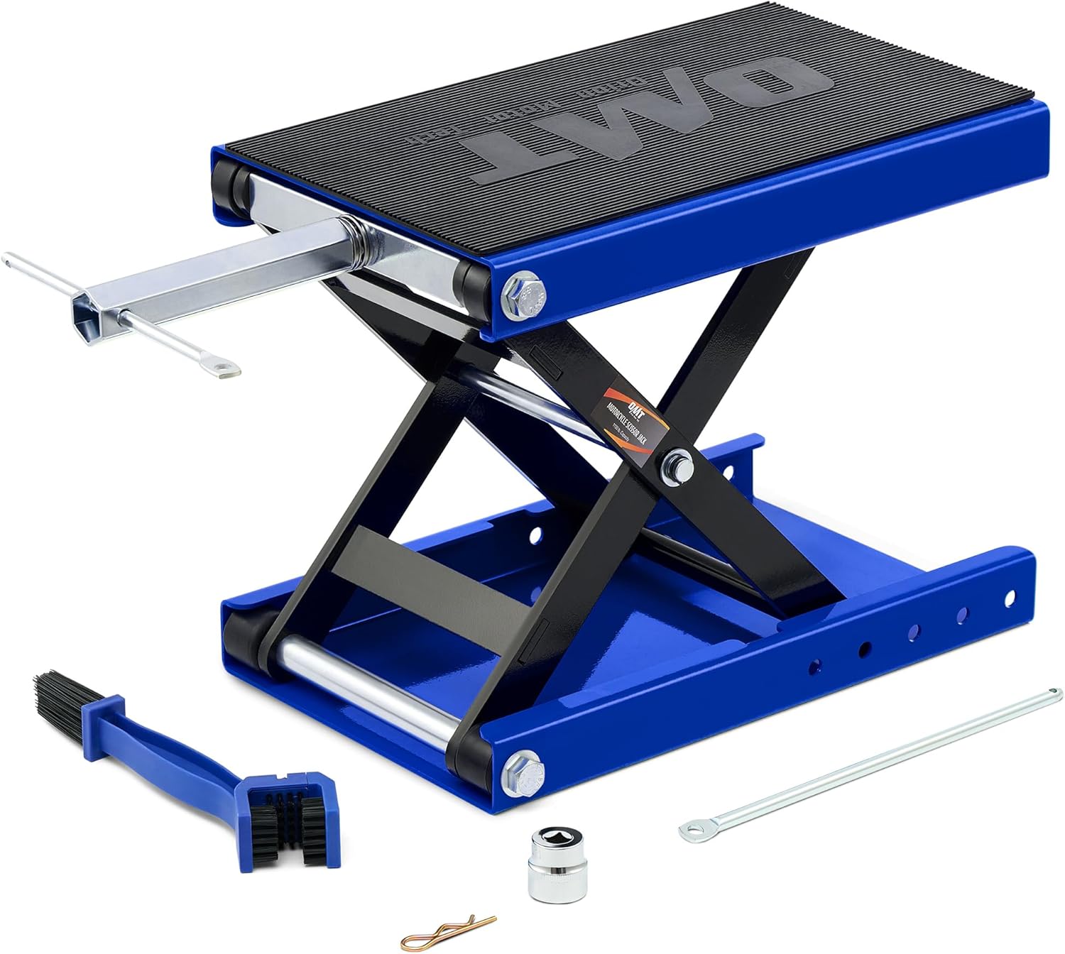 OMT 1100lb Motorcycle Scissor Lift Jack Wide Deck Motorbike Hoist Stand | Center Stand For ATV Dirt Bike Cruiser; T Handle And 3/8 Inch Socket; 3.7 To 14.6 Inch Lift; 5 Locking Holes; Chain Brush