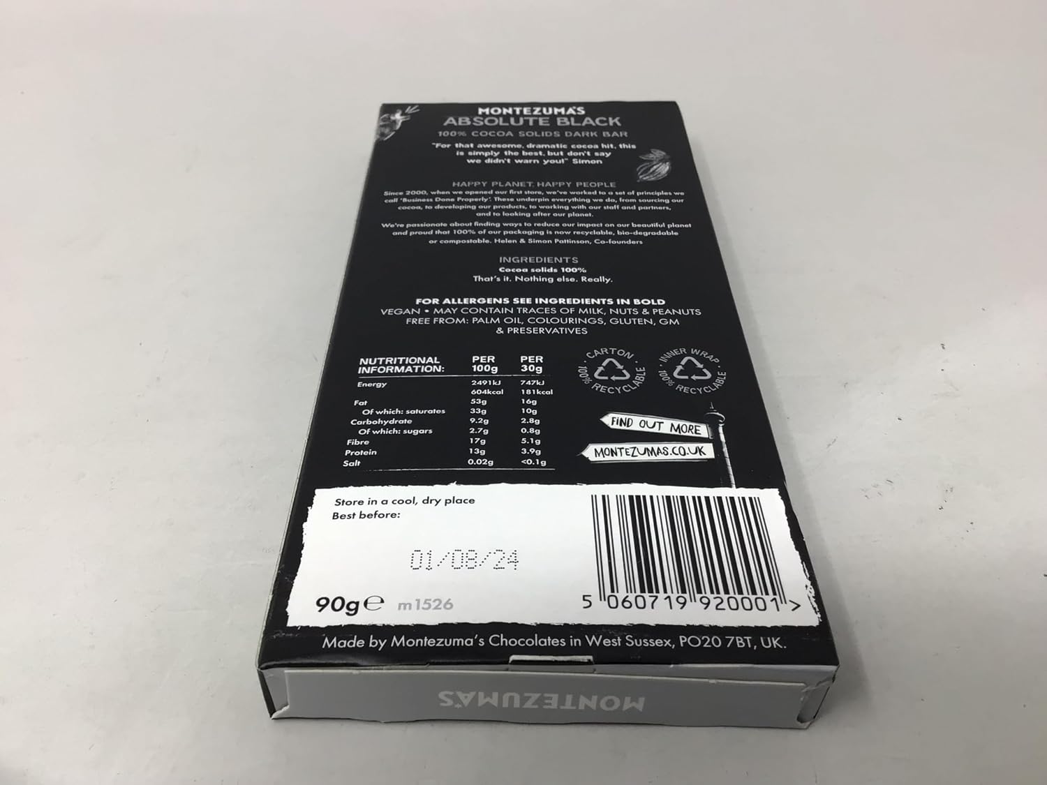 Montezuma Dark Chocolate Absolute Black 100% Cocoa 90g (Pack of 9)