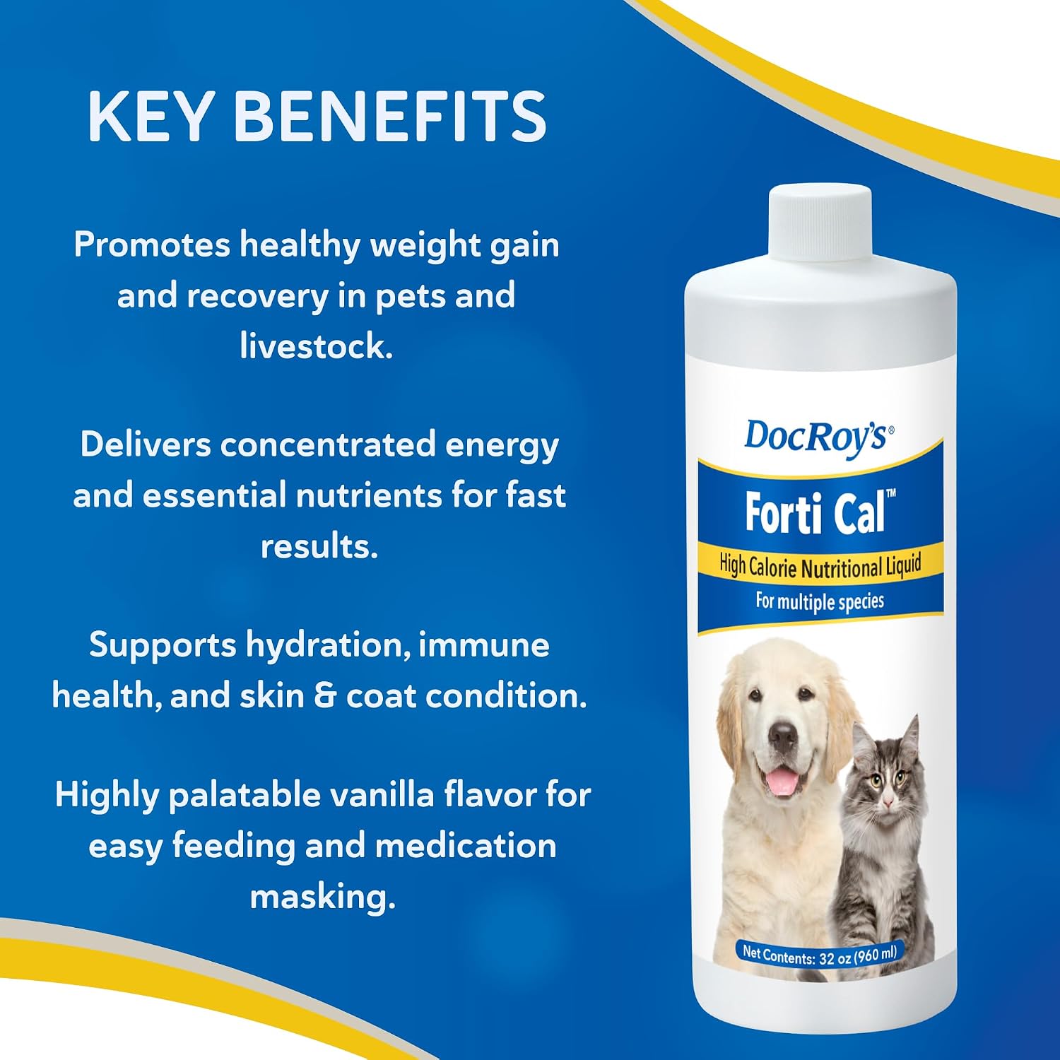 Doc Roys Forti Cal Liquid Energy Supplement for Dogs, Cats, Horses and Parrots, Natural Glucose Source with Soluble and Insoluble Fiber, Vanilla Flavor, Gallon