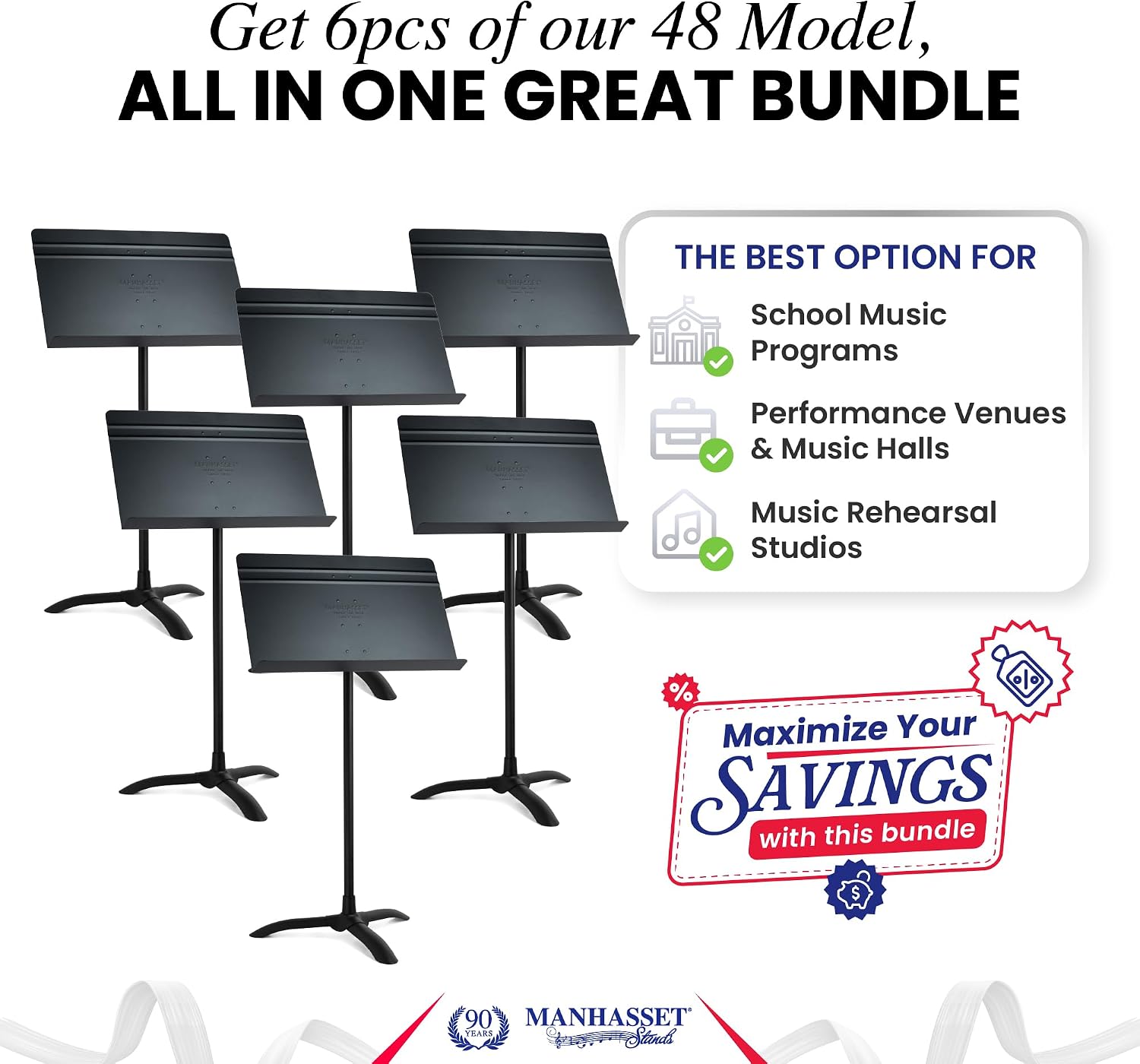 Manhasset Music Stand For Sheet Music - Bulk Pack of 6 Stands - 48 Symphony Model - Long Lasting