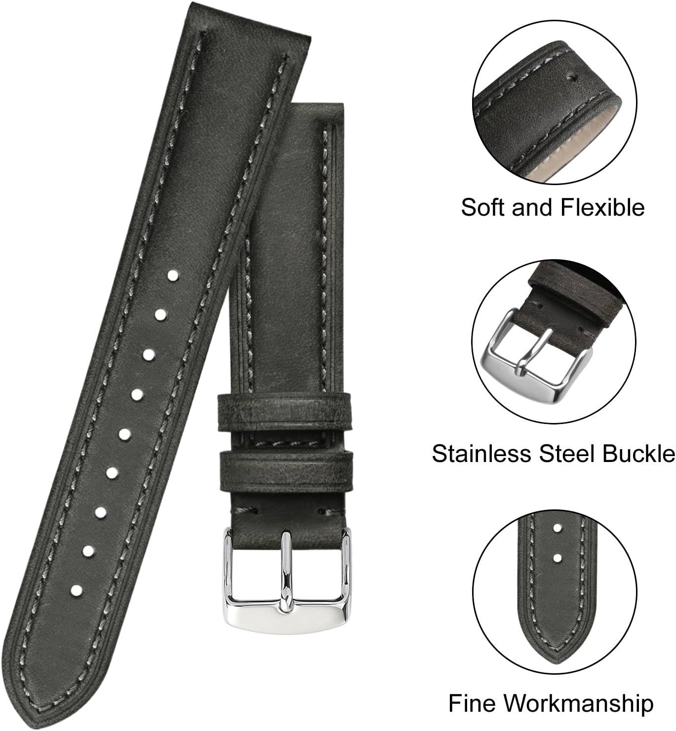 BISONSTRAP Watch Strap, Vintage Leather Replacement Bracelet, Band Width-14mm 15mm 16mm 17mm 18mm 19mm 20mm 21mm 22mm 23mm 24mm