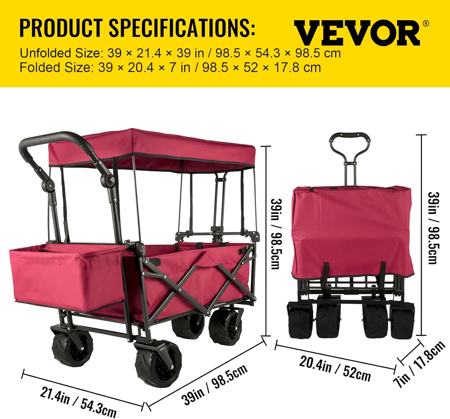 Happbuy Collapsible Wagon with Removable Canopy, 220lbs Heavy Duty Foldable Beach Wagon with Big Wheels