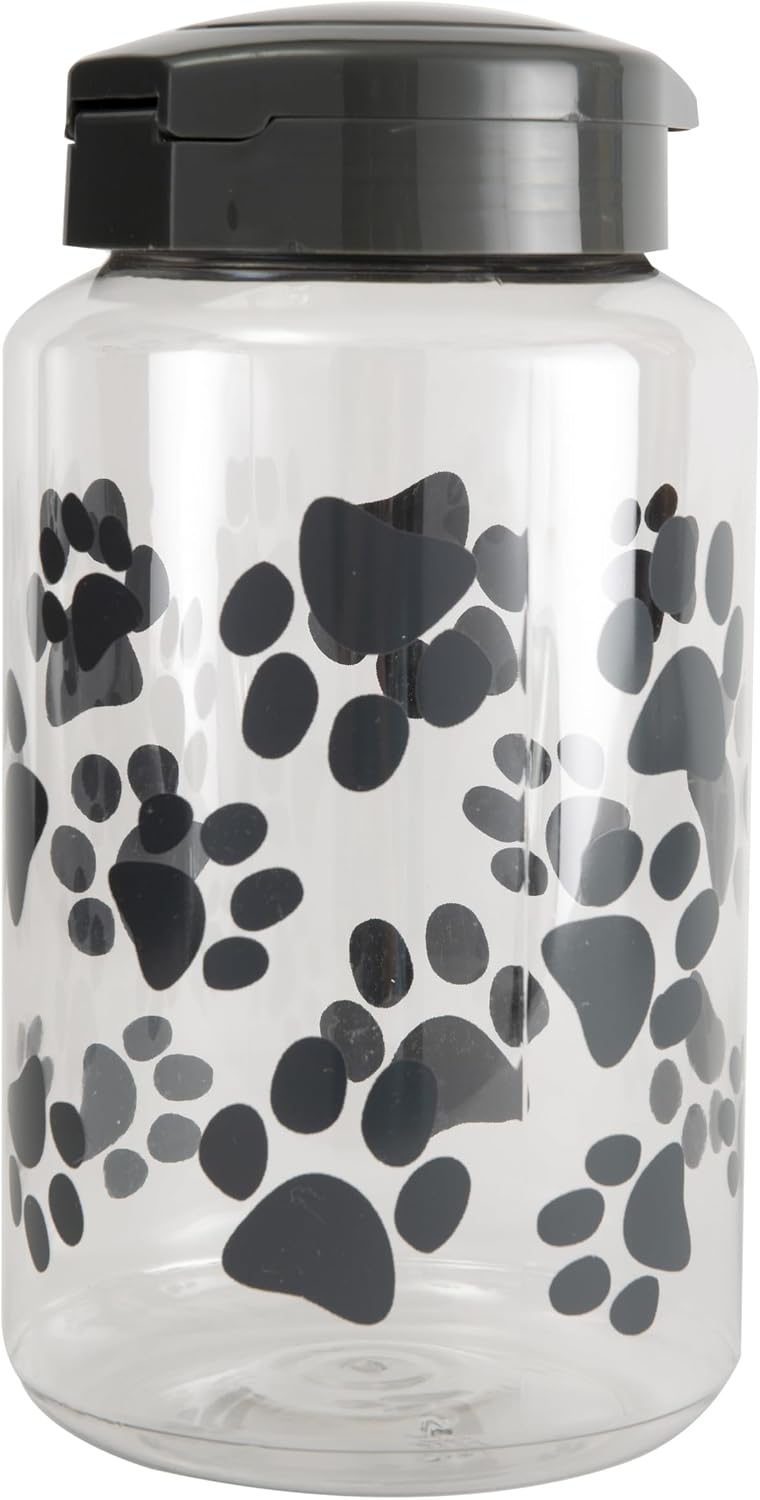 Lixit® Dog Treat Plastic Jar - Airtight Food and Treat Storage Jars for Dogs, Cats, Small Animals and Birds - Made in USA (Paw Prints - Gray, 64 Ounce)