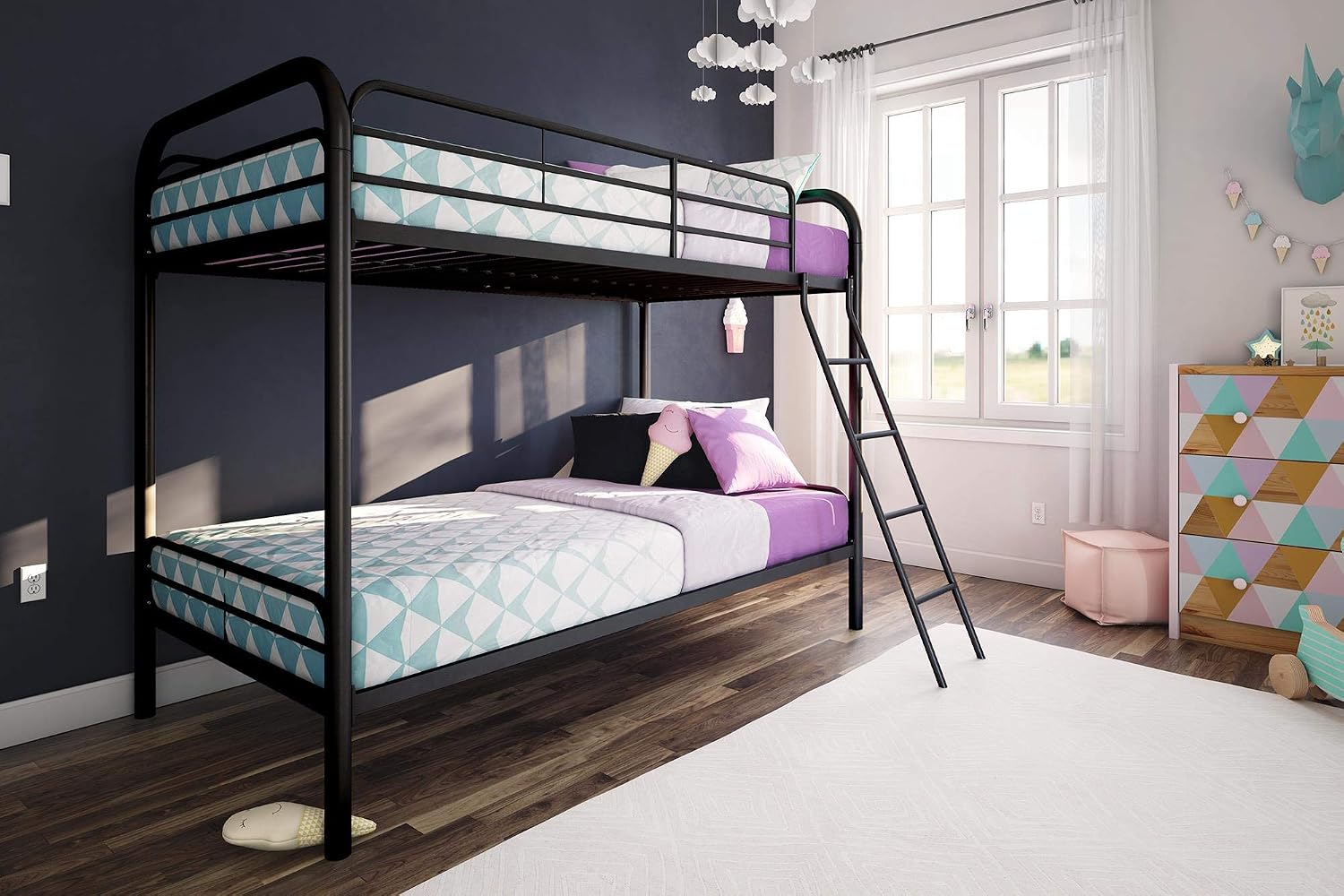 DHP Twin-Over-Futon Convertible Couch and Bed with Metal Frame, Ladder and Guardrails - Black