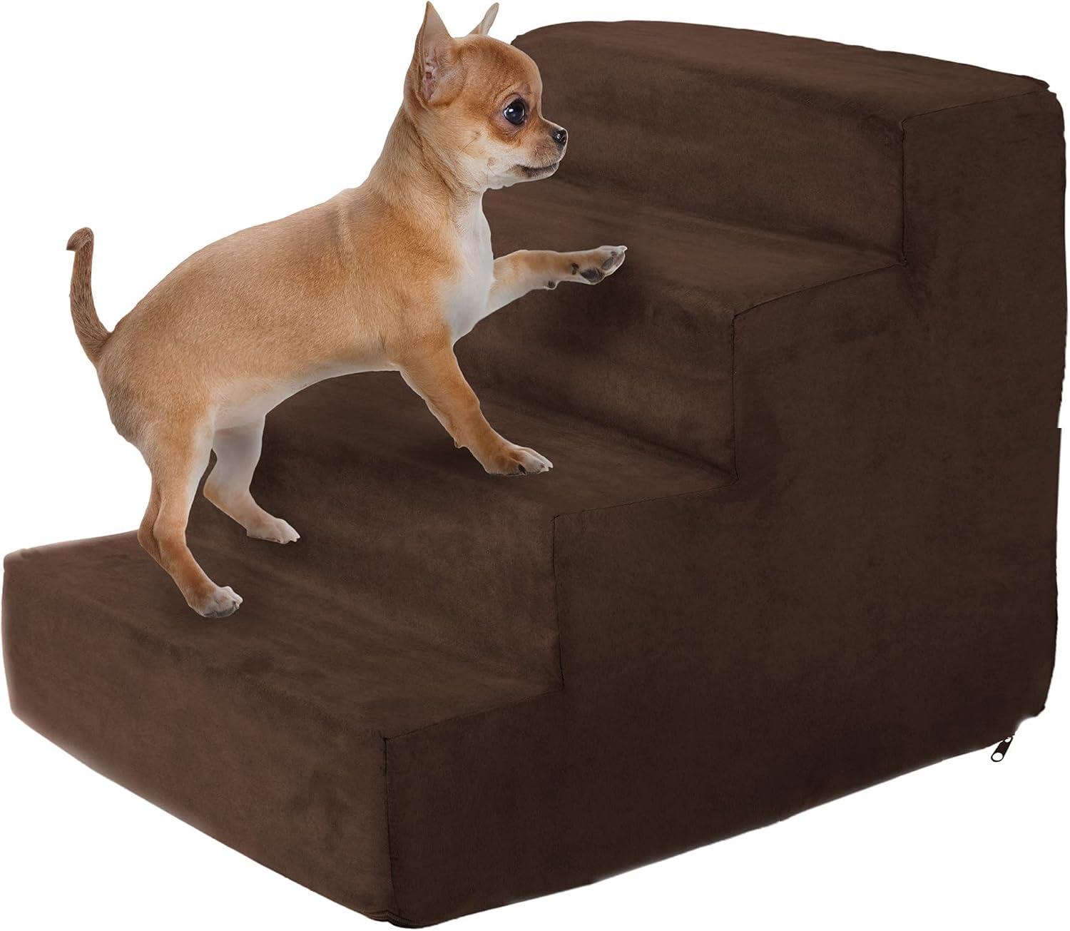 3-Step Pet Stairs - Nonslip Foam Dog and Cat Steps with Removable Zippered Microfiber Cover - 2-Tone Design for Home or Vehicle Use by PETMAKER (Tan) | 3-Step Pet Steps for High Bed and Couch - Pet Stairs with Nonslip Bottom, High-Density Foam, and Remov…