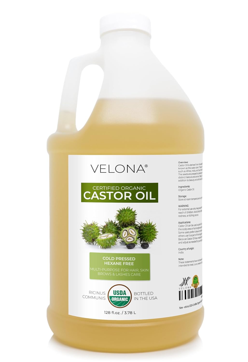 velona USDA Organic Castor Oil - 1 Gallon / 128 fl oz, Cold Pressed