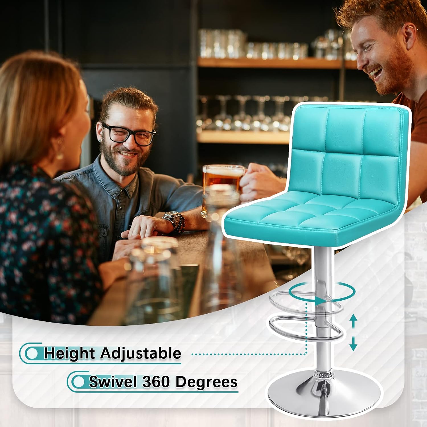 Homall Bar Stools Modern PU Leather Adjustable Swivel Barstools, Armless Hydraulic Kitchen Counter Bar Stool Extra Height Square Island Barstool with Back Set of 2 (Leather, White)