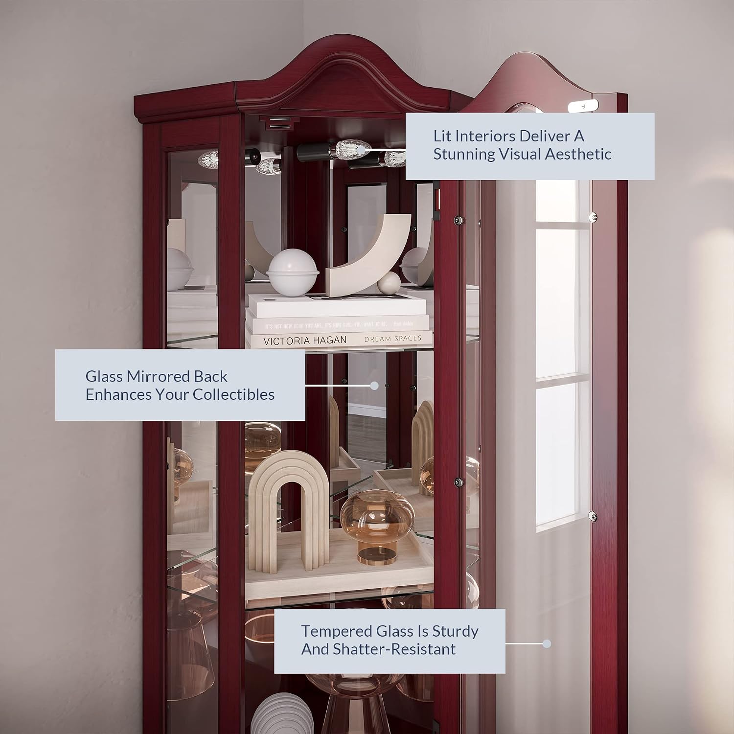 BELLEZE Lighted Corner Display Curved Top Curio Cabinet Wooden Shelving Unit with Tempered Glass Door