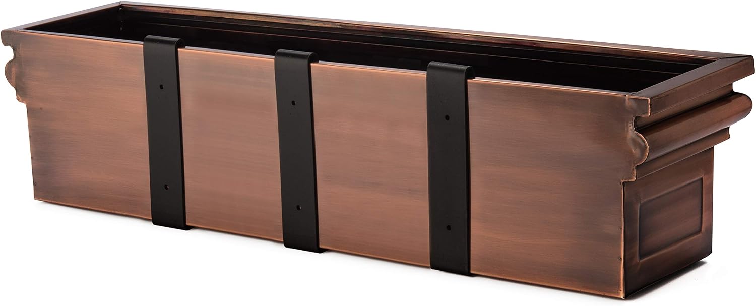 H Potter 36" Copper Finish Window Box Planter with Iron Brackets | Metal Outdoor Flower Box, Flat Back Design, Garden Accent