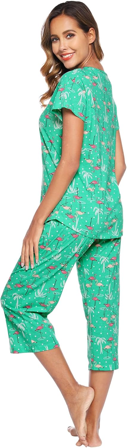 ENJOYNIGHT Womens Pajama Set Cotton Short Sleeve Top With Capri Pants Pj