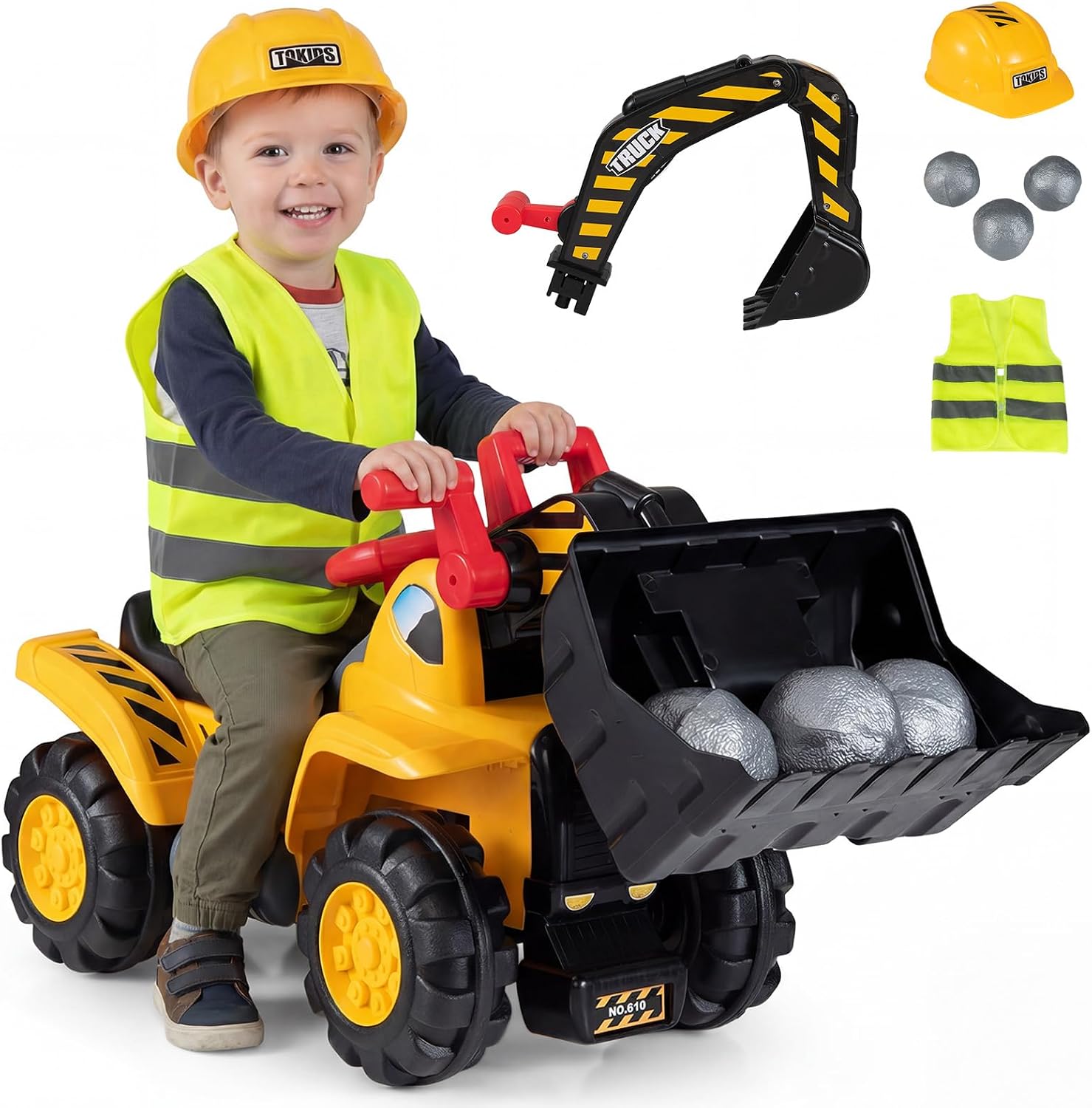 Costzon Ride on Excavator, Ride on Construction Vehicles w/Helmet, 3 Toy Stones, Realistic Sound, Adjustable Bucket & Under Seat Storage, Bulldozer Ride on Toy Gift for Kids Boys & Girls