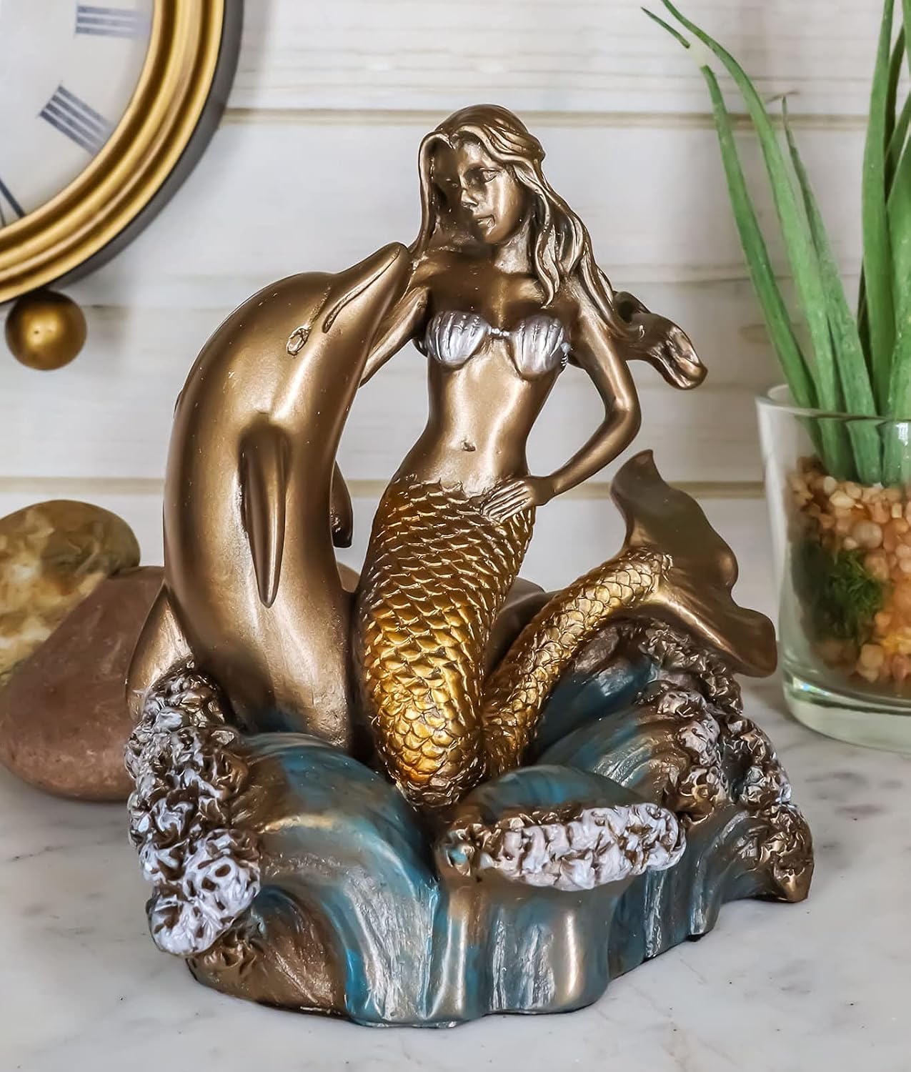 Ebros Atlantis Mermaid Embracing Dolphin by Ocean Waves Statue 4.5" L Art Nouveau Nautical Mermaid Decorative Figurine