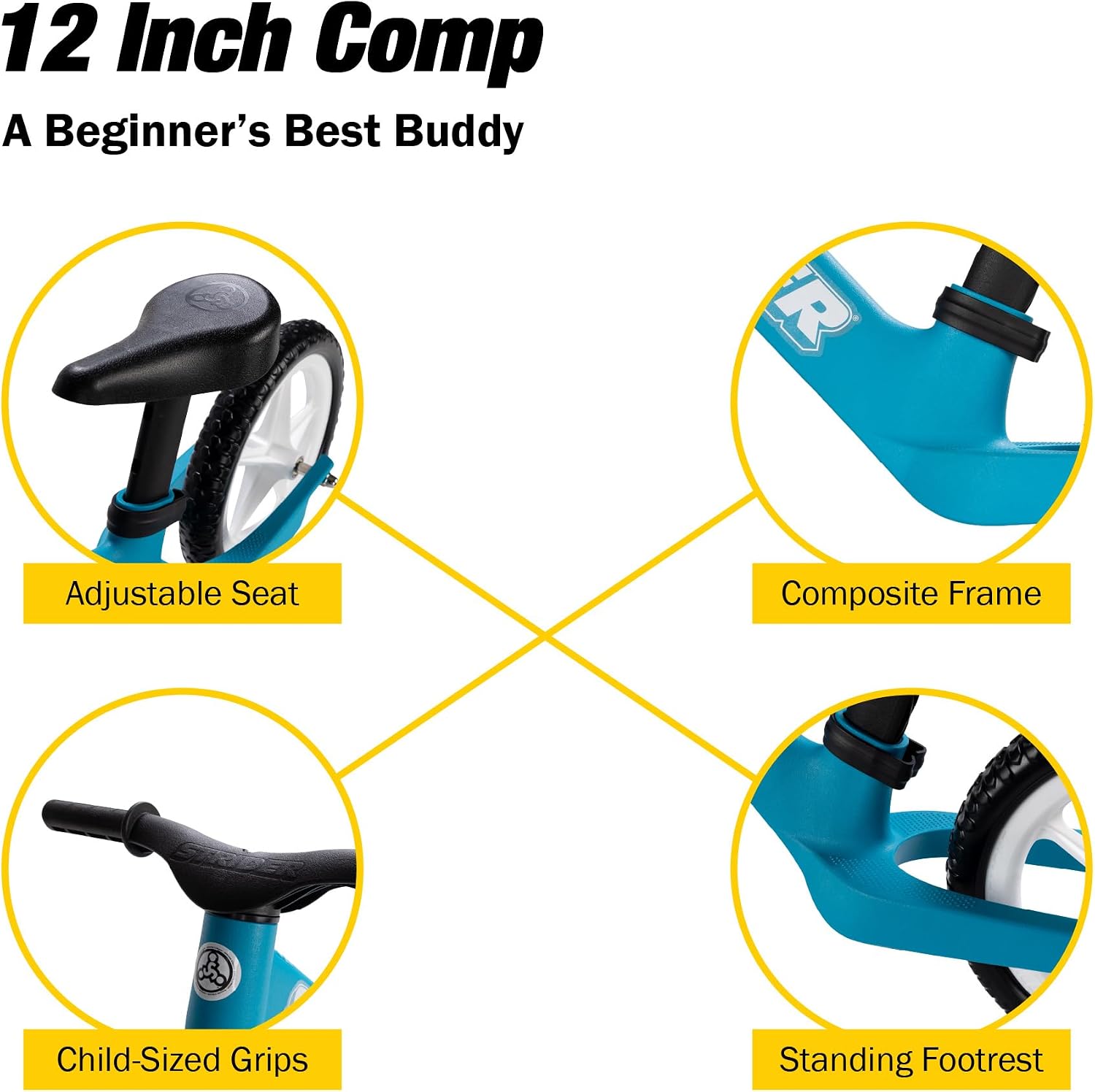 Strider 12 Comp, No Pedal Balance Bike for Kids Ages 1–3 Years | No-Pedal Composite Bike, Adjustable Seat, Lightweight Frame, Easy Assembly, Durable All-Weather Plastic, Never Flat Tires