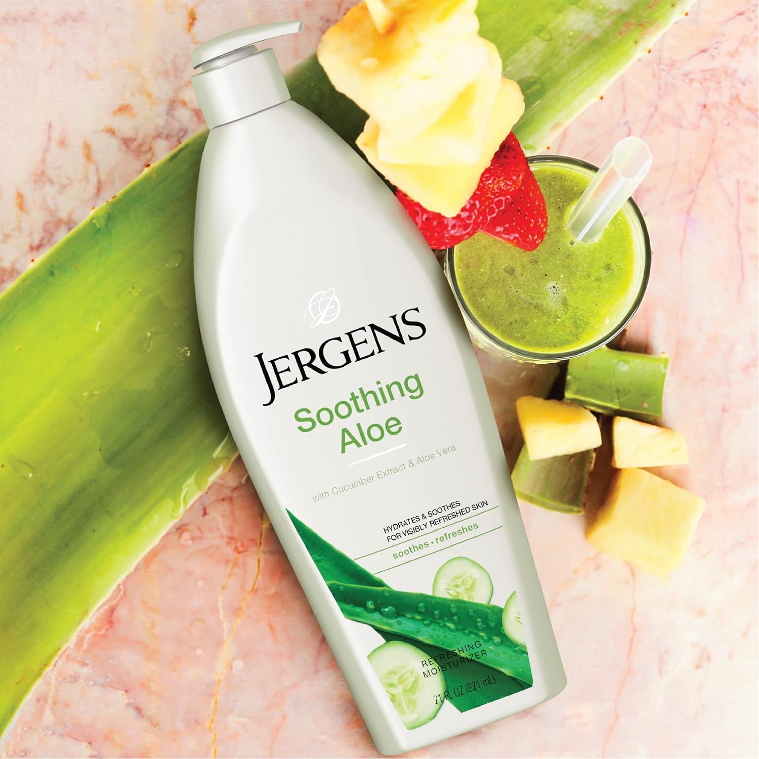 Jergens Soothing Aloe Body Lotion For Dry Skin, Moisturizer, 21 fl oz | Cucumber Extract, Hydralucence Blend, Smooths Texture, Enhances Radiance, Long-Lasting Moisture