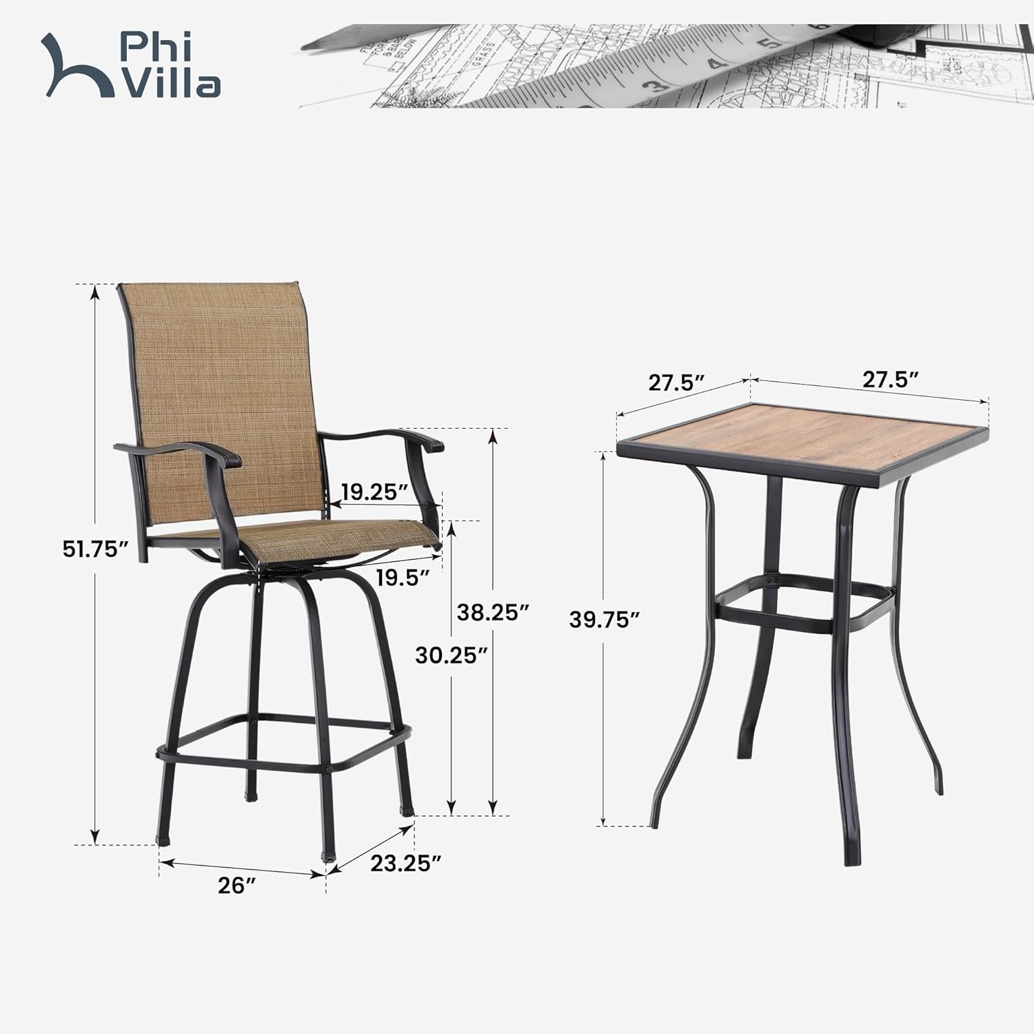 PHI VILLA Bar Height Patio Table and Chairs Set for 2