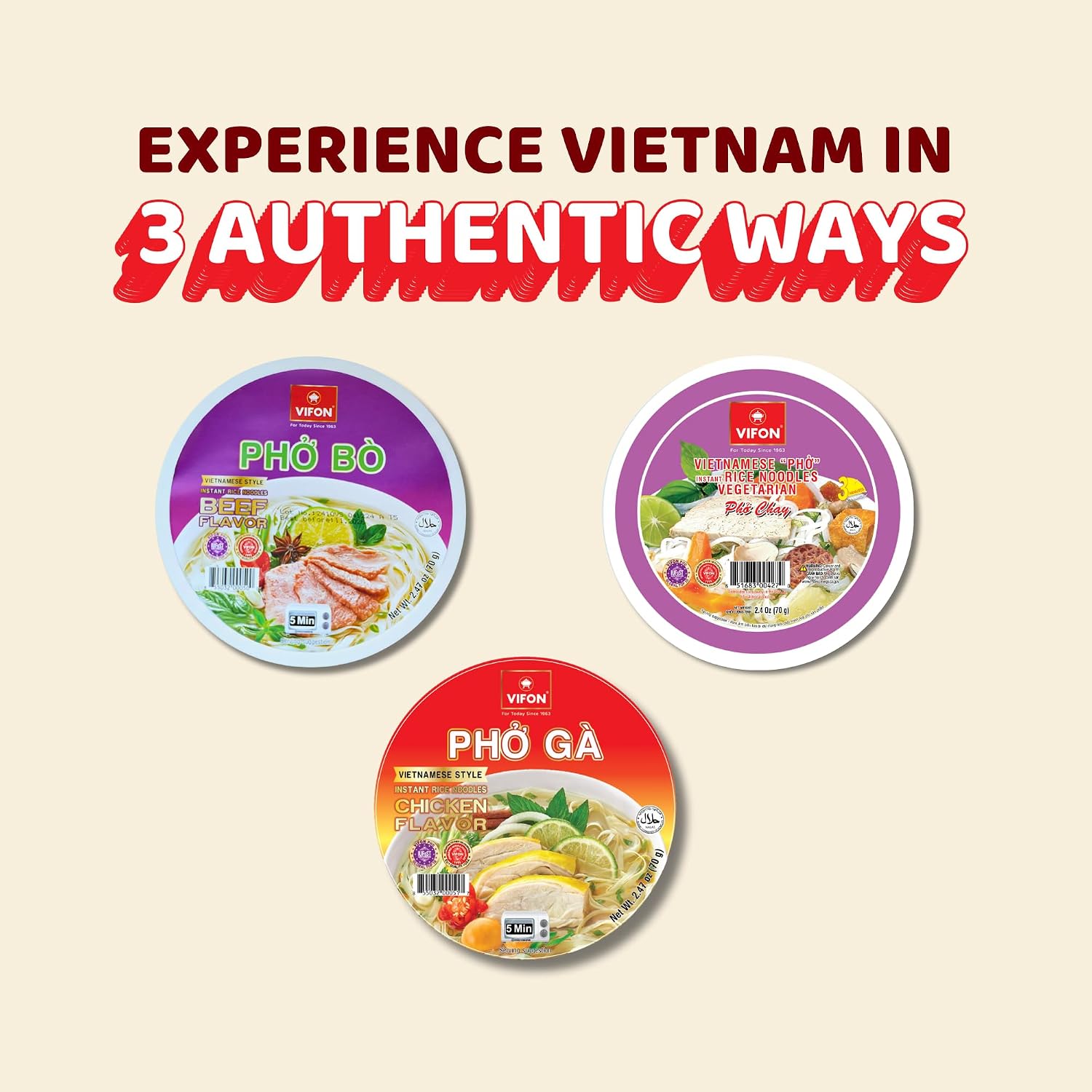 VIFON Pho Bo Vietnamese Beef Flavor Rice Noodle Bowl, 70g (Pack of 12) | Authentic Vietnamese Instant Pho | Halal Certified | Includes Seasoning & Oil Packets | Ready in 3 Minutes