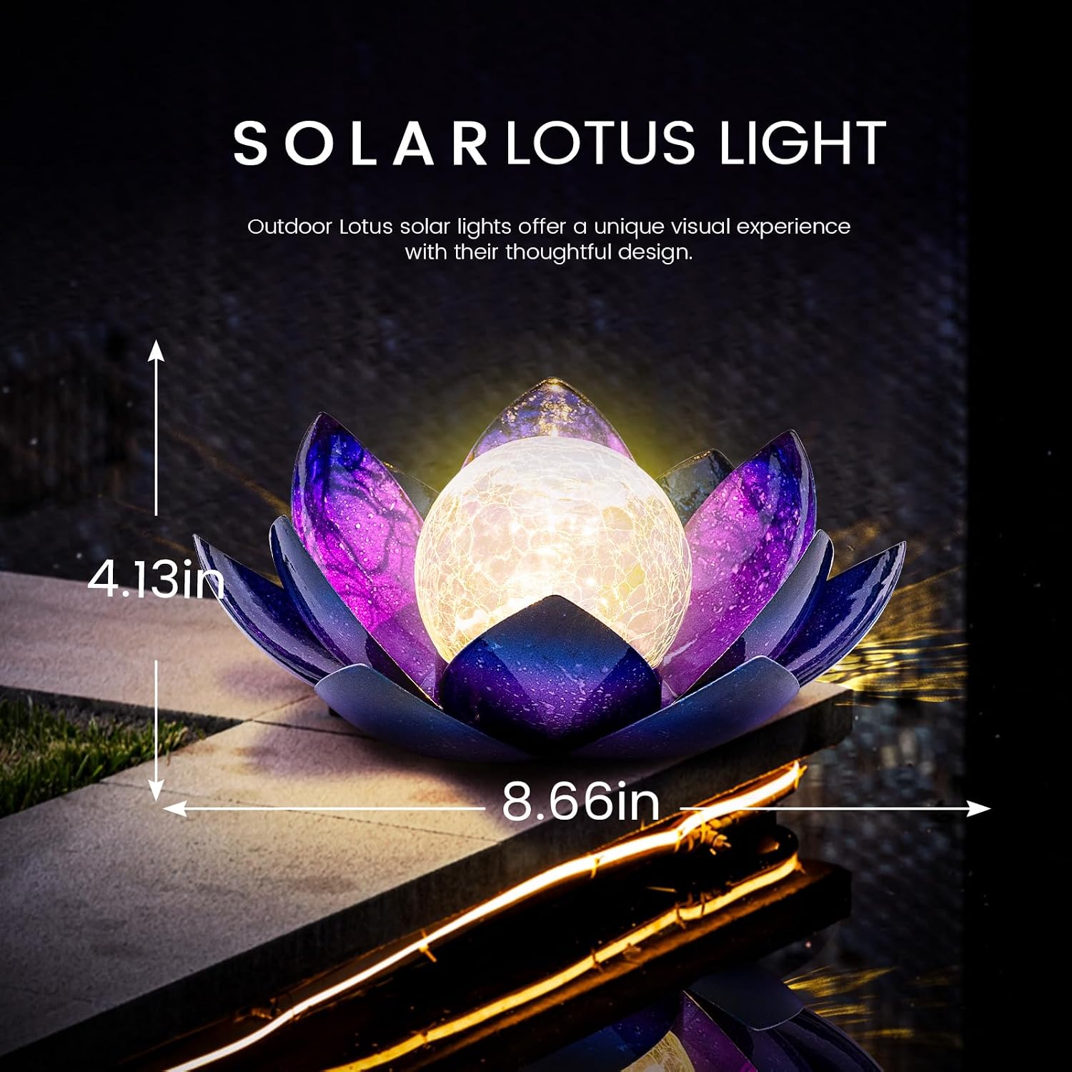 Huaxu Solar Lights Outdoor Garden, Crackle Globe Glass Lotus Decor, Waterproof LED Metal Flower Decorations for Patio,Lawn,Walkway,Tabletop,Ground
