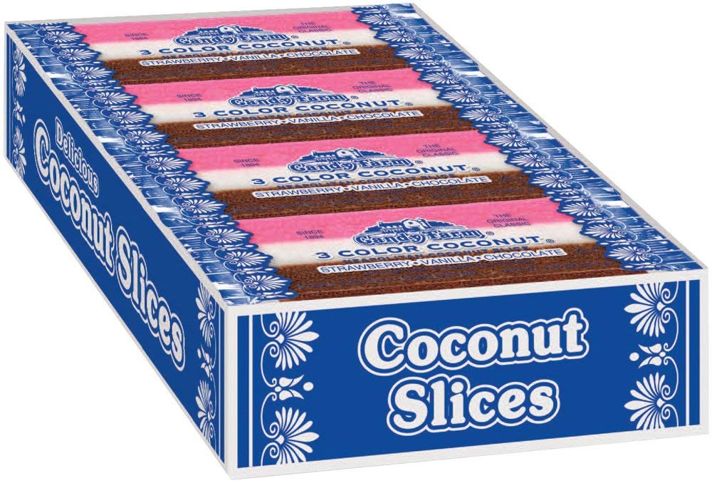 Neapolitan Coconut Slice Candy Bars (Vanilla, Chocolate & Strawberry-striped moist coconut 1.65 Ounce Bars)