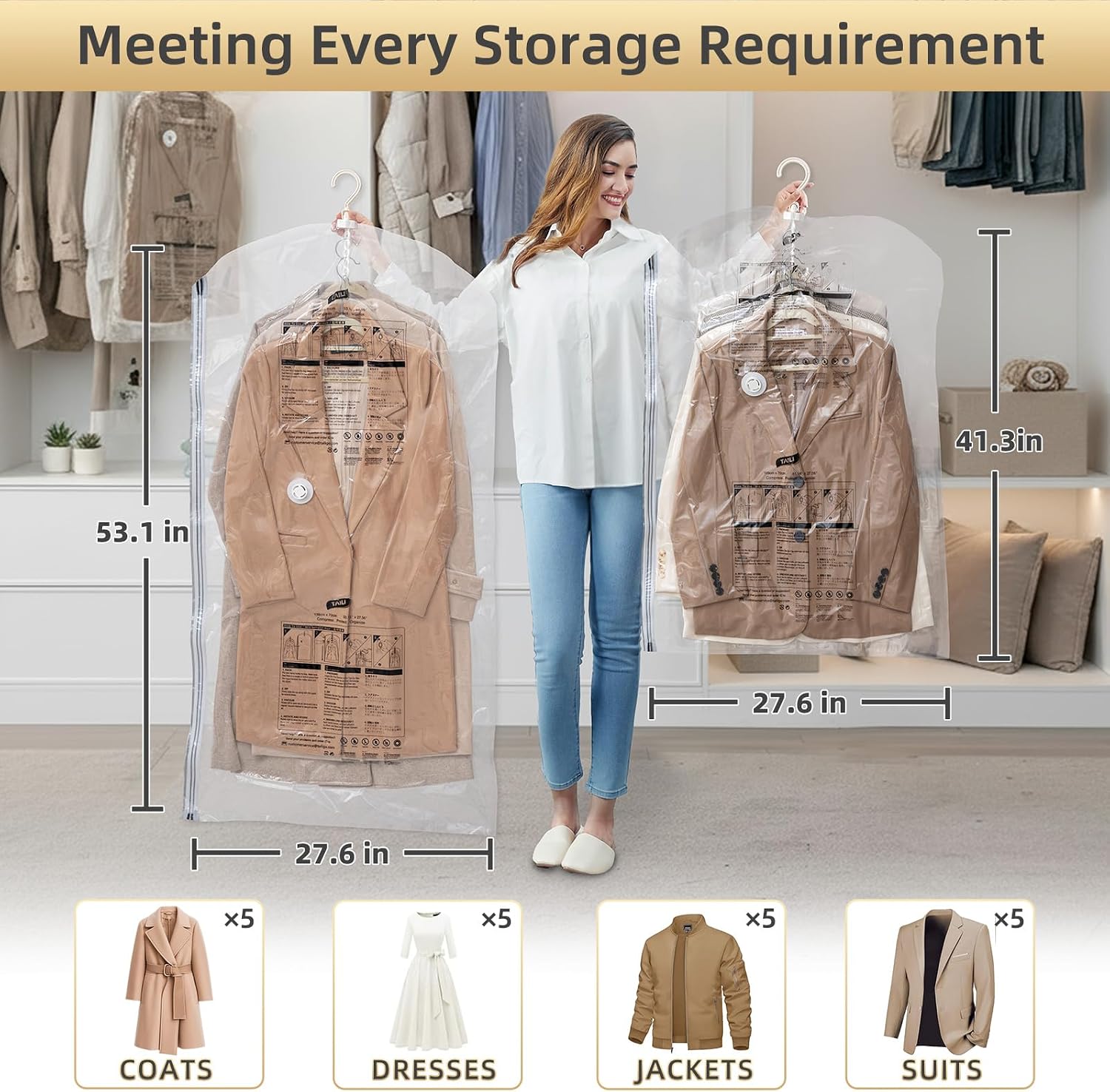 TAILI Hanging Vacuum Storage Bags, Space Save Vacuum seal bags for Clothing Travel, Suits and Jackets, Winter Coat Storage Closet Organizers, Set of 4 (2 Long, 2 Short), Clear
