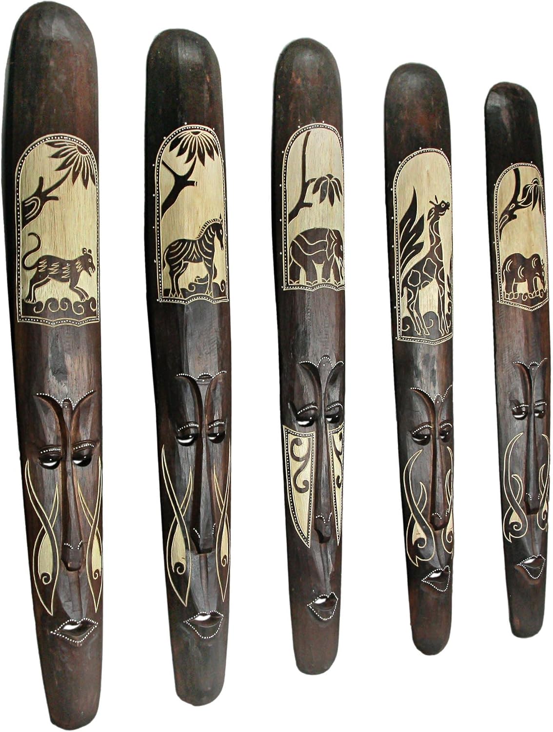 Zeckos Set of 5 African Tribal Mask Wall Hangings, 39 Inch Hand-Carved Wood | Hand-Stained and Hand-Painted Details, Crafted by Indonesian Artisans