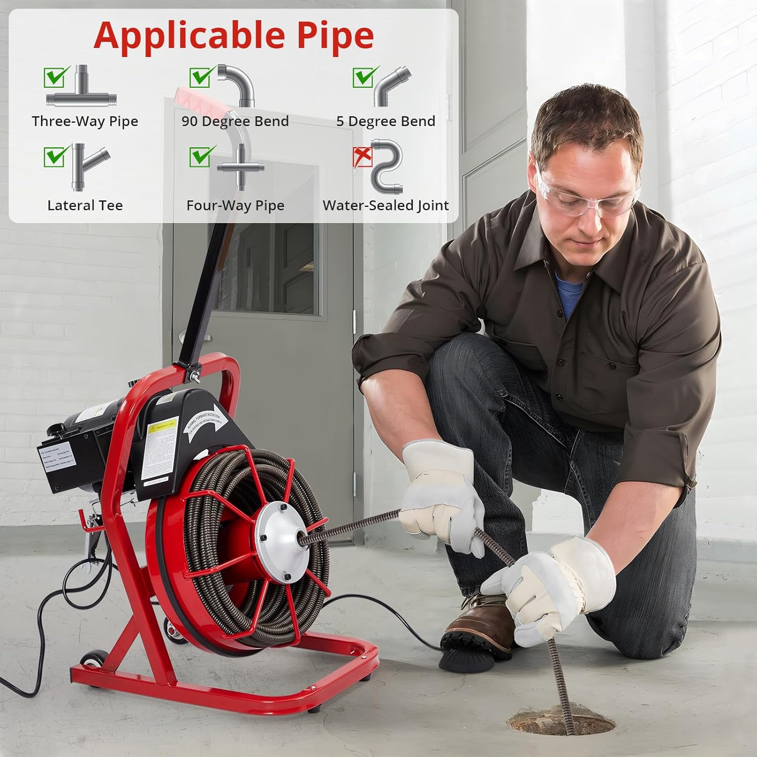 GarveeLife 75 ft 3/8 in Electric Drain Cleaner Machine Auto Feed Drain Auger for 1 to 4 in Pipes Professional Sewer Snake with 4 Cutters Gloves