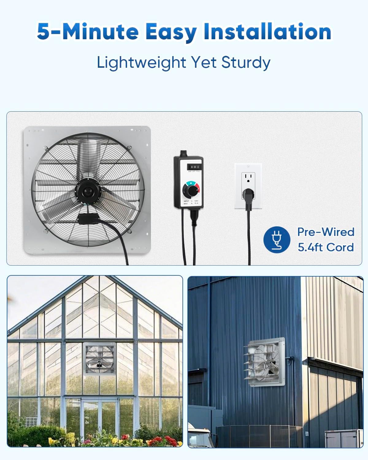 KEN BROWN 12 Inch Shutter Exhaust Fan Wall Mounted, Aluminum with 1.65 Meters Power Cord Kit, High Speed 1450CFM, Vent fan for Commercial, Greenhouse