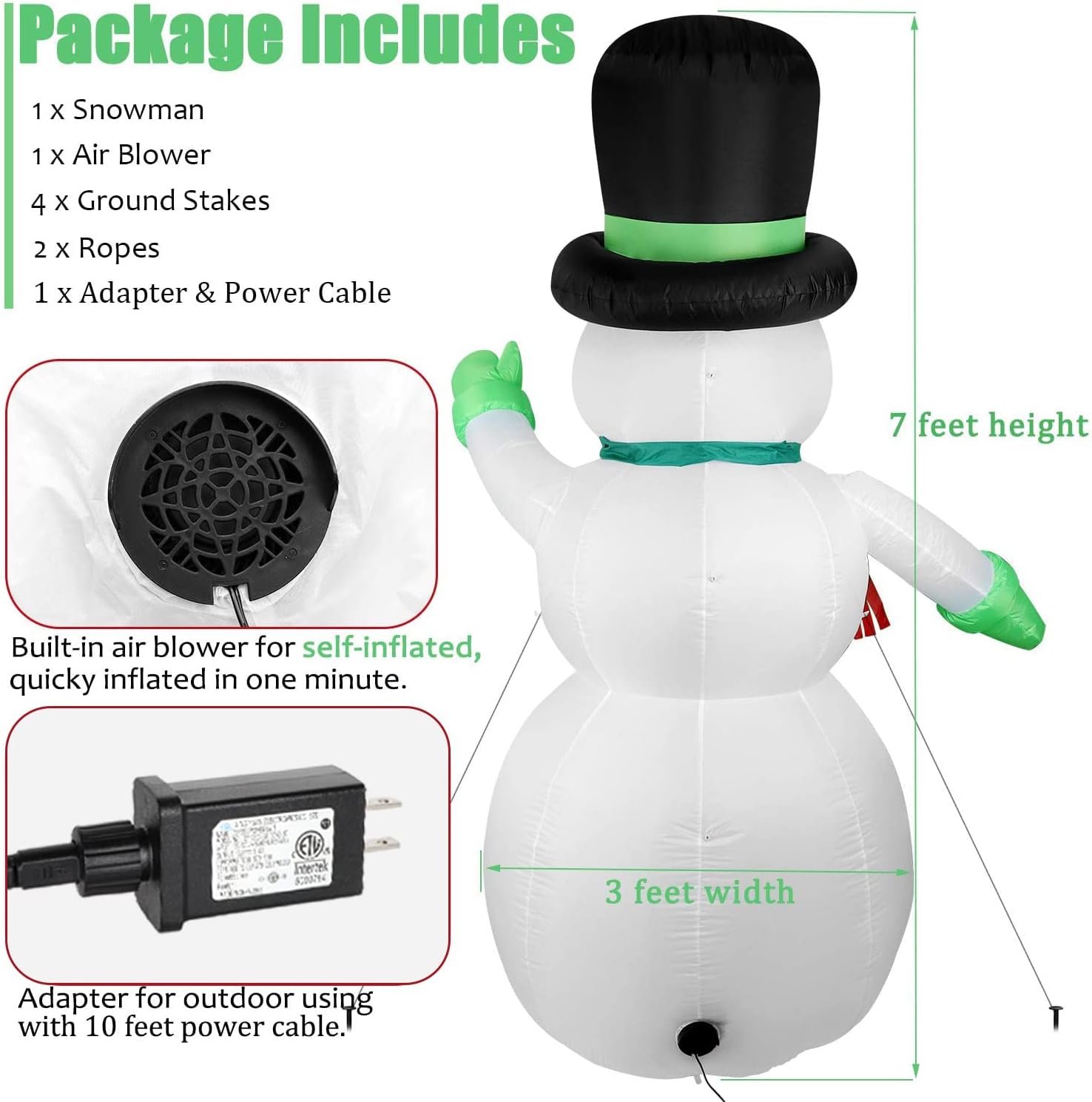 7 FT Christmas Inflatables Snowman Outdoor Yard Decorations, Christmas Blow up Snow Man with LED Lights & Black Hat
