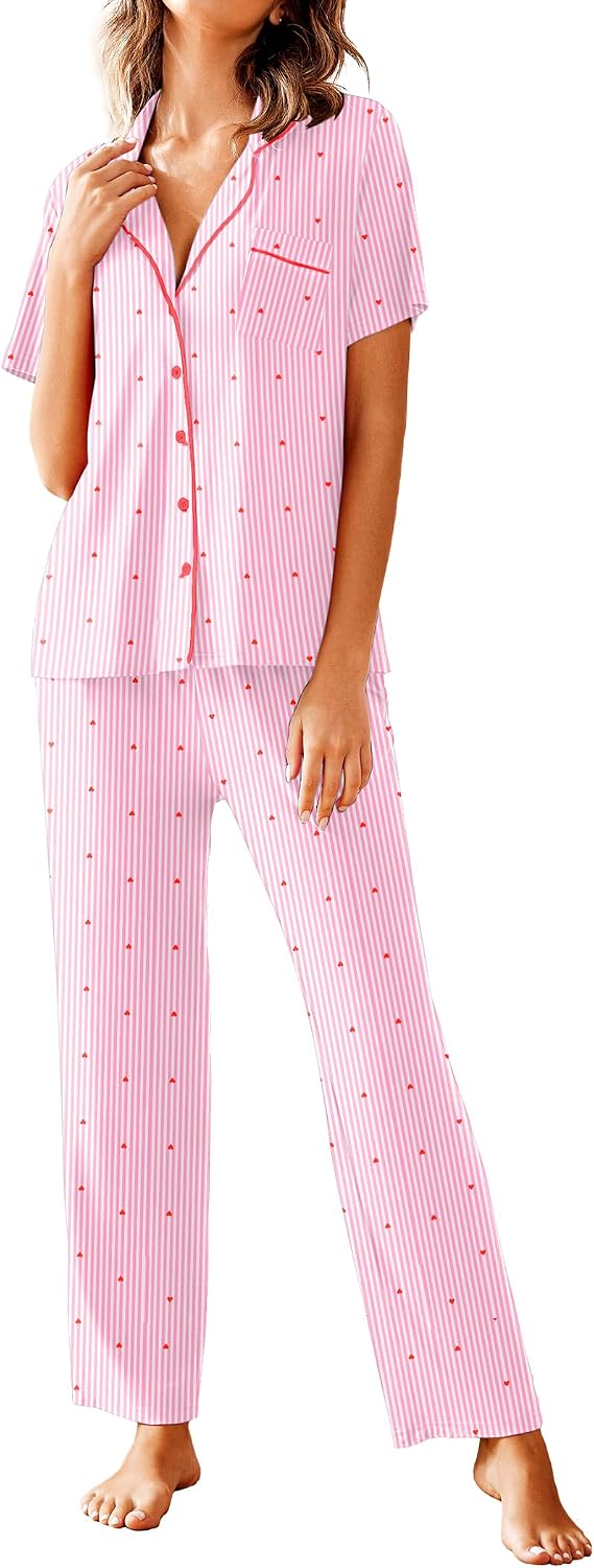 Avidlove Women Pajamas Set Notch Collar Soft Sleepwear Pjs Short Sleeve Button Down Nightwear with Long Pants