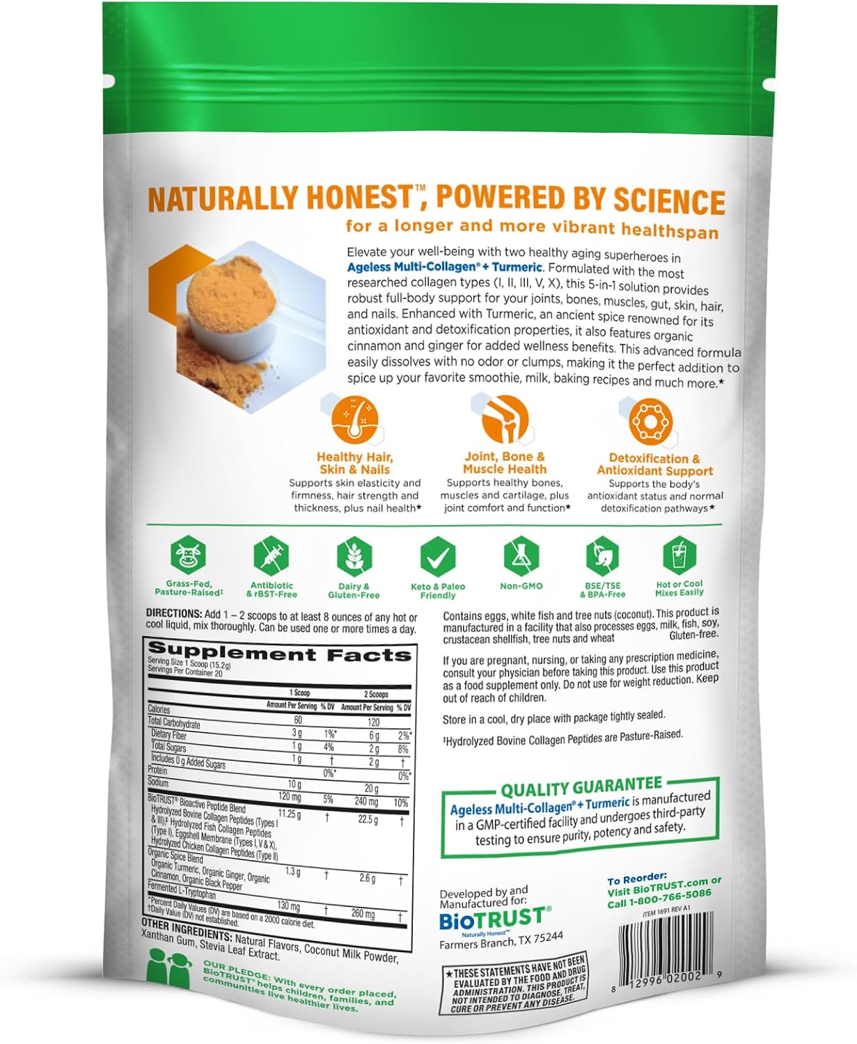 BioTrust Multi Collagen Peptides Unflavored Powder - Hydrolyzed, Grass Fed | 5 collagen types (I, II, III, V & X) from grass fed beef, fish, chicken & eggshell membrane with protein support