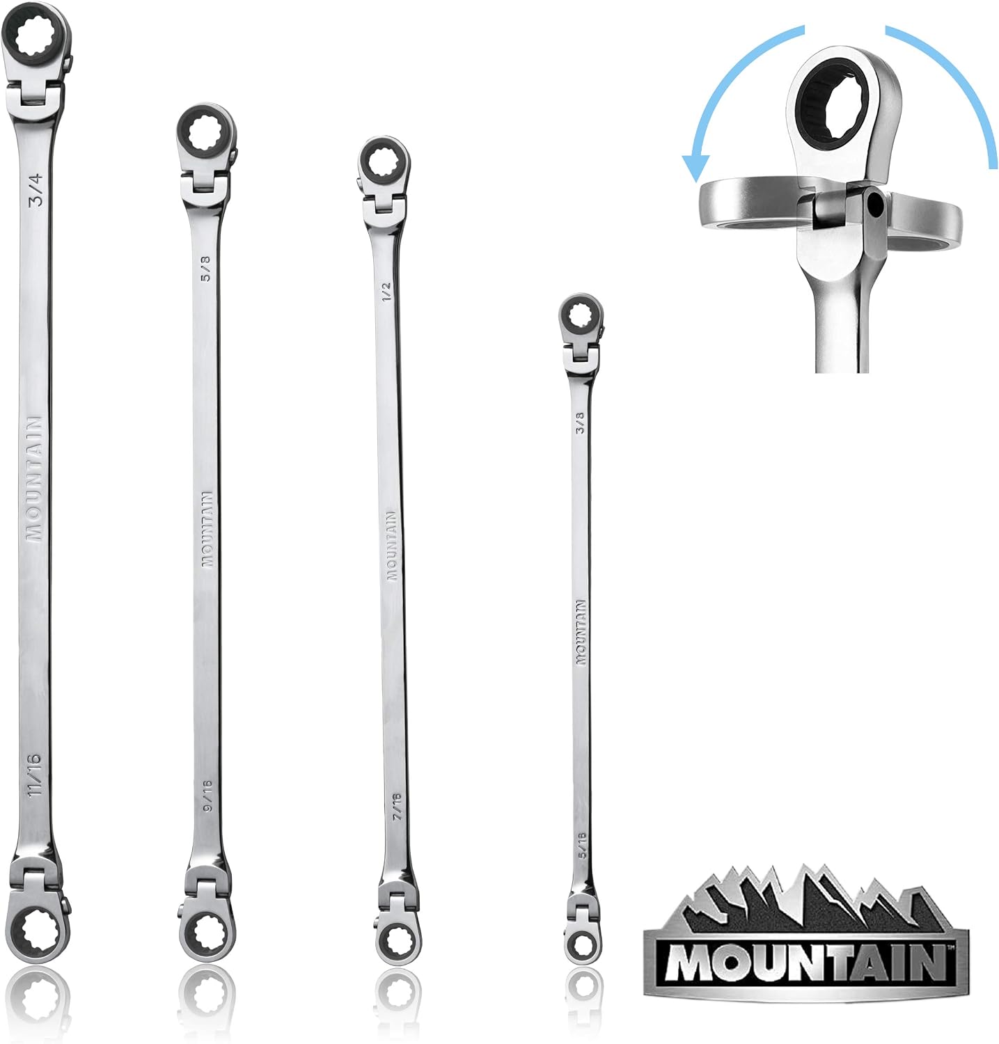 Mountain RF7 SAE Reversible Double Raised Box Ratcheting Wrench Set, Universal Spline, 90 Tooth Design, 180 Degree Rotating Head, Sizes 5/16", 3/8"