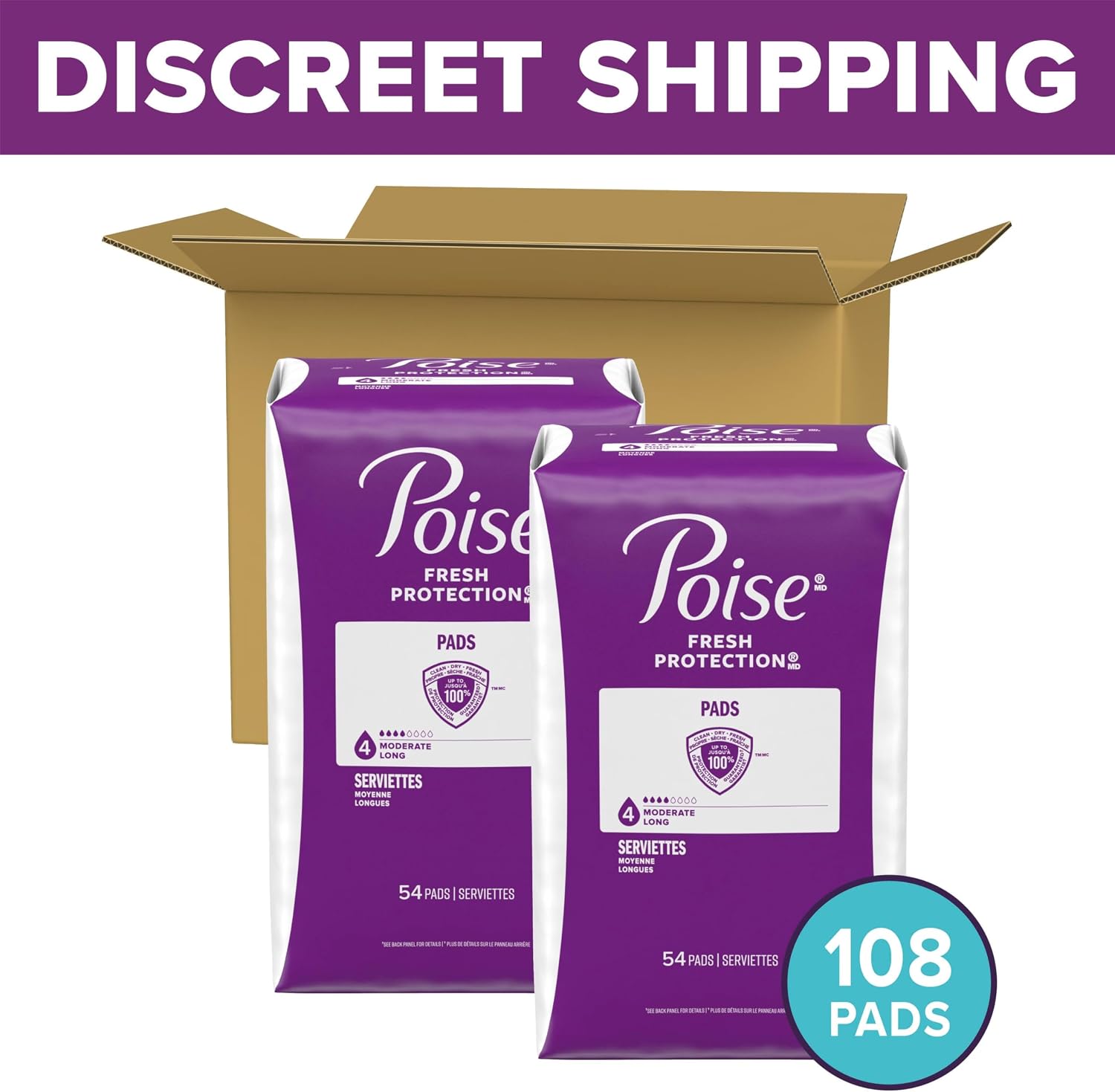 Poise Incontinence & Postpartum Pads for Bladder Leaks, 4 Drop Moderate Absorbency, Regular Length, 20 Count, Packaging May Vary