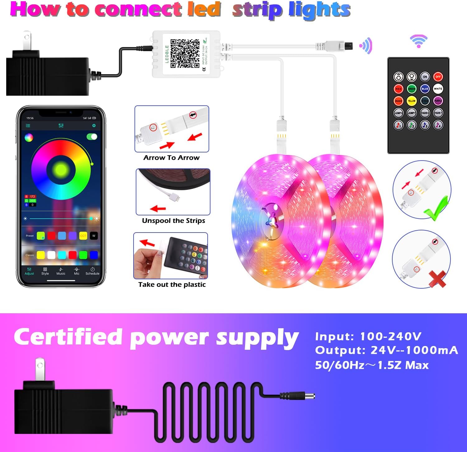 100ft Led Strip Lights, Long Smart Led Light Strips Music Sync 5050 RGB Color Changing Rope Lights