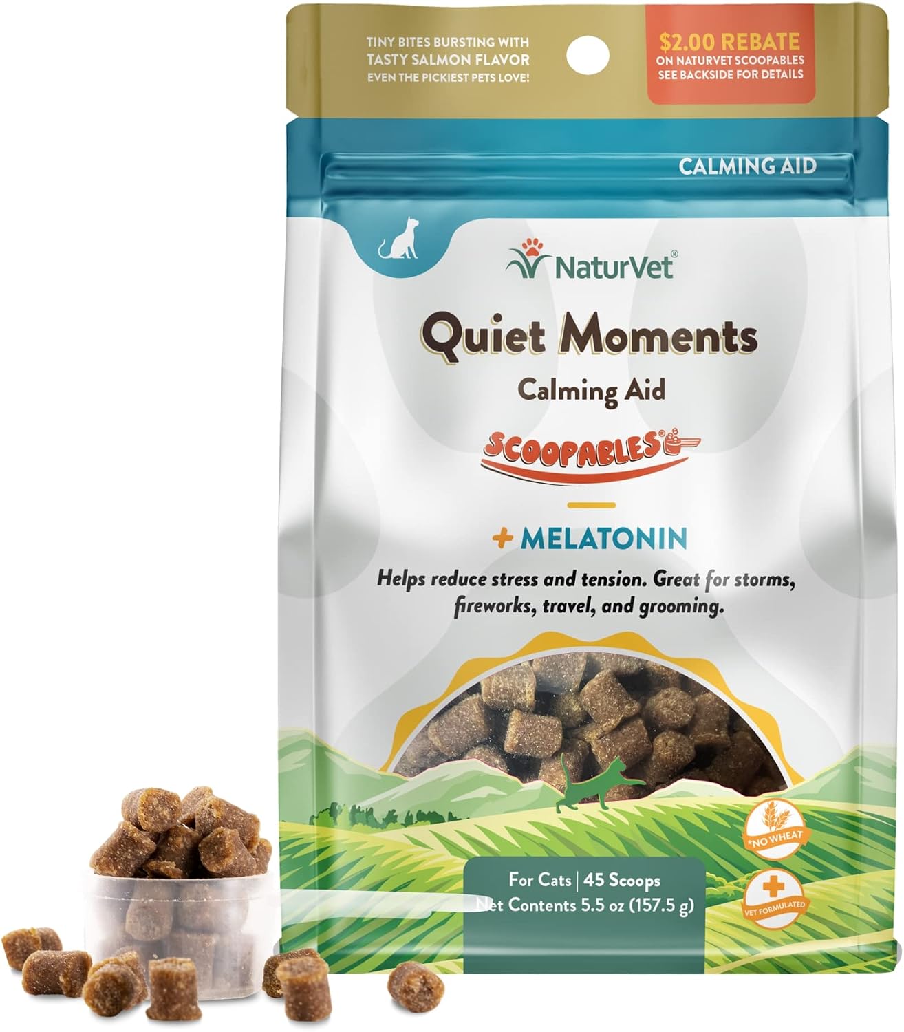 NaturVet Quiet Moments Calming Plus Melatonin Cat Supplement - 50 Count | Calming Aid for Cats - Reduce Stress, Pet Storm Anxiety, Motion Sickness - Great for Grooming, Separation and Travel