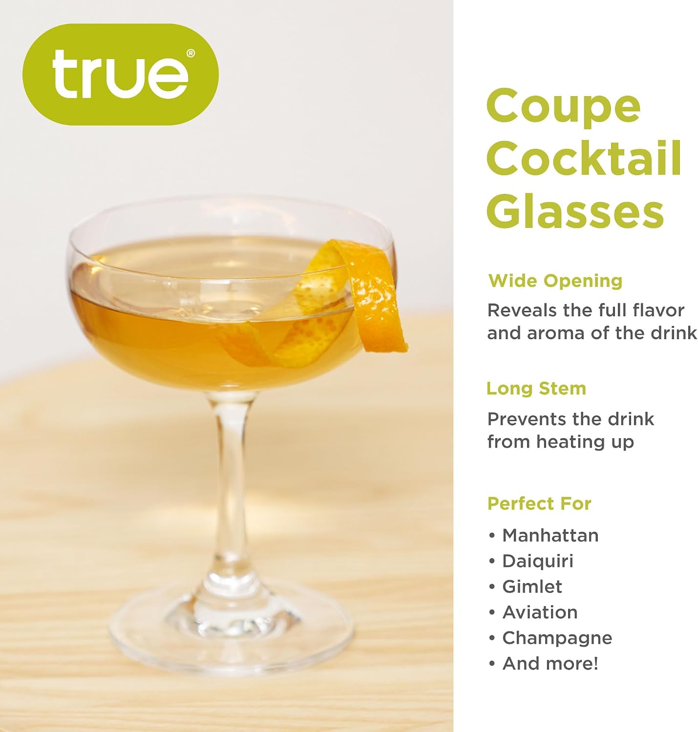 True Coupe Glass, Martini Glasses for Cocktail Party, Perfect for Espresso Martini, Manhattan, Champagne, Elegant 7 oz Glassware for Home Bars